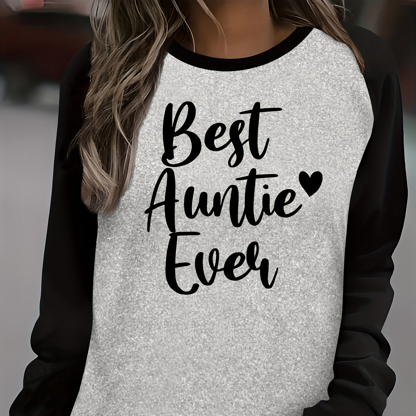 

Casual Polyester Crew Neck Long Sleeve T-shirt With Applique - "best Auntie Ever" Alphabet Print Knit Fabric Top For All Seasons