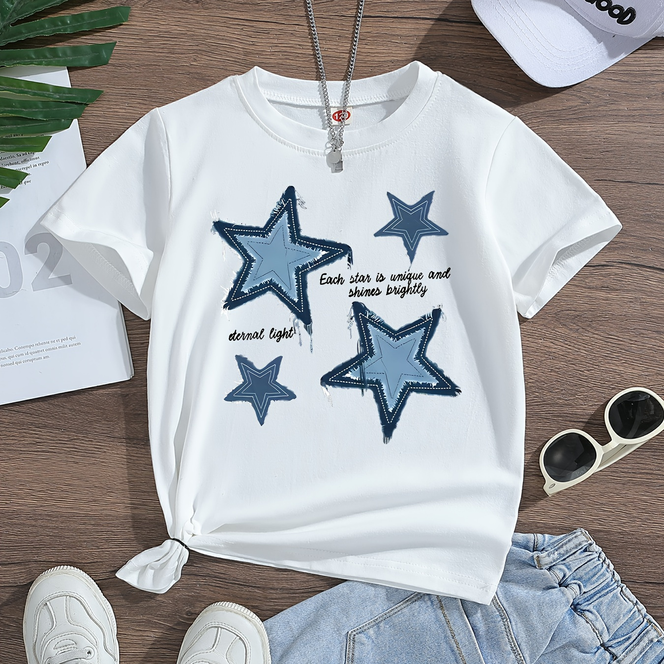 

Cotton Stars Print Casual T-shirt For Girls, Round Neck, Short Sleeve, Summer Clothing