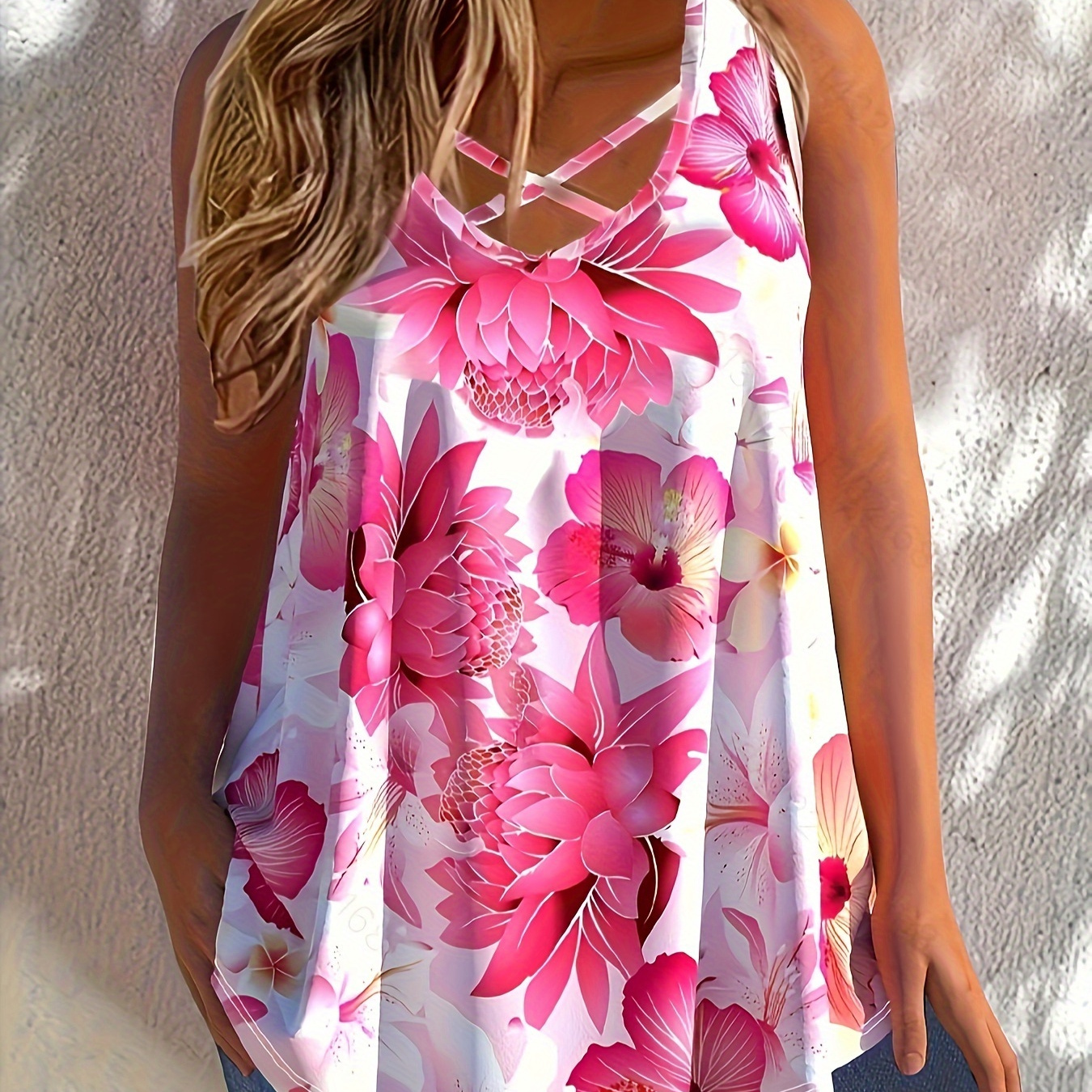

Plus Size Floral Print Tank Top, Casual Cross Front Sleeveless Top For Summer, Women's Plus Size Clothing