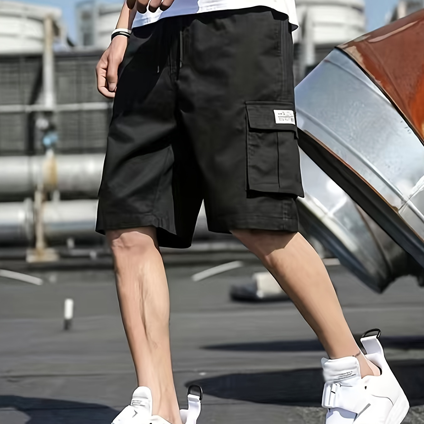

Casual Solid Men's Loose Fit Elastic Waist Cargo Shorts With Side Pockets For Summer Outdoor Leisure And Work