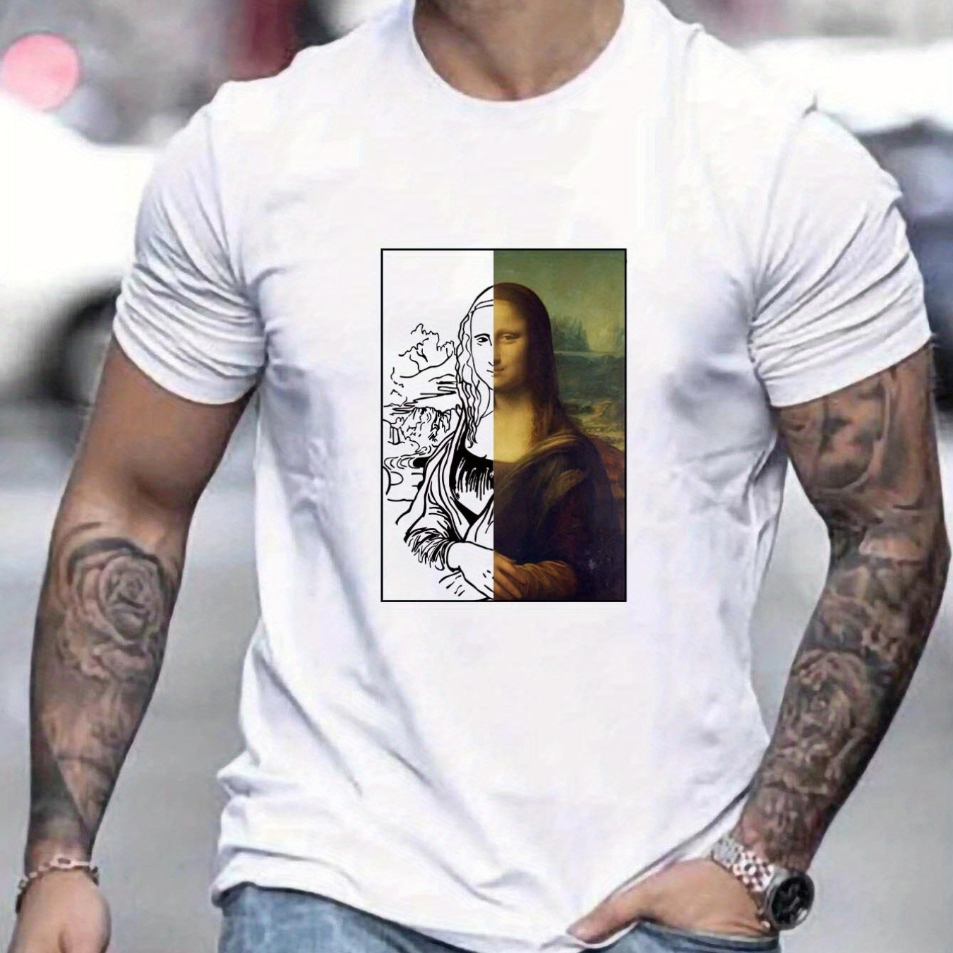 

Mona Lisa Pattern Print Men's Comfy T-shirt, Graphic Tee Men's Summer Outdoor Clothes, Men's Clothing, Tops For Men