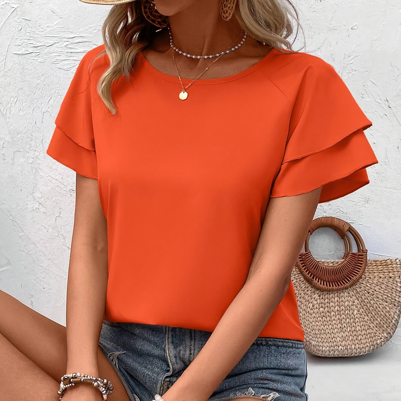 

Women's Summer Short-sleeve Round-neck Loose Casual Solid Color Blouse