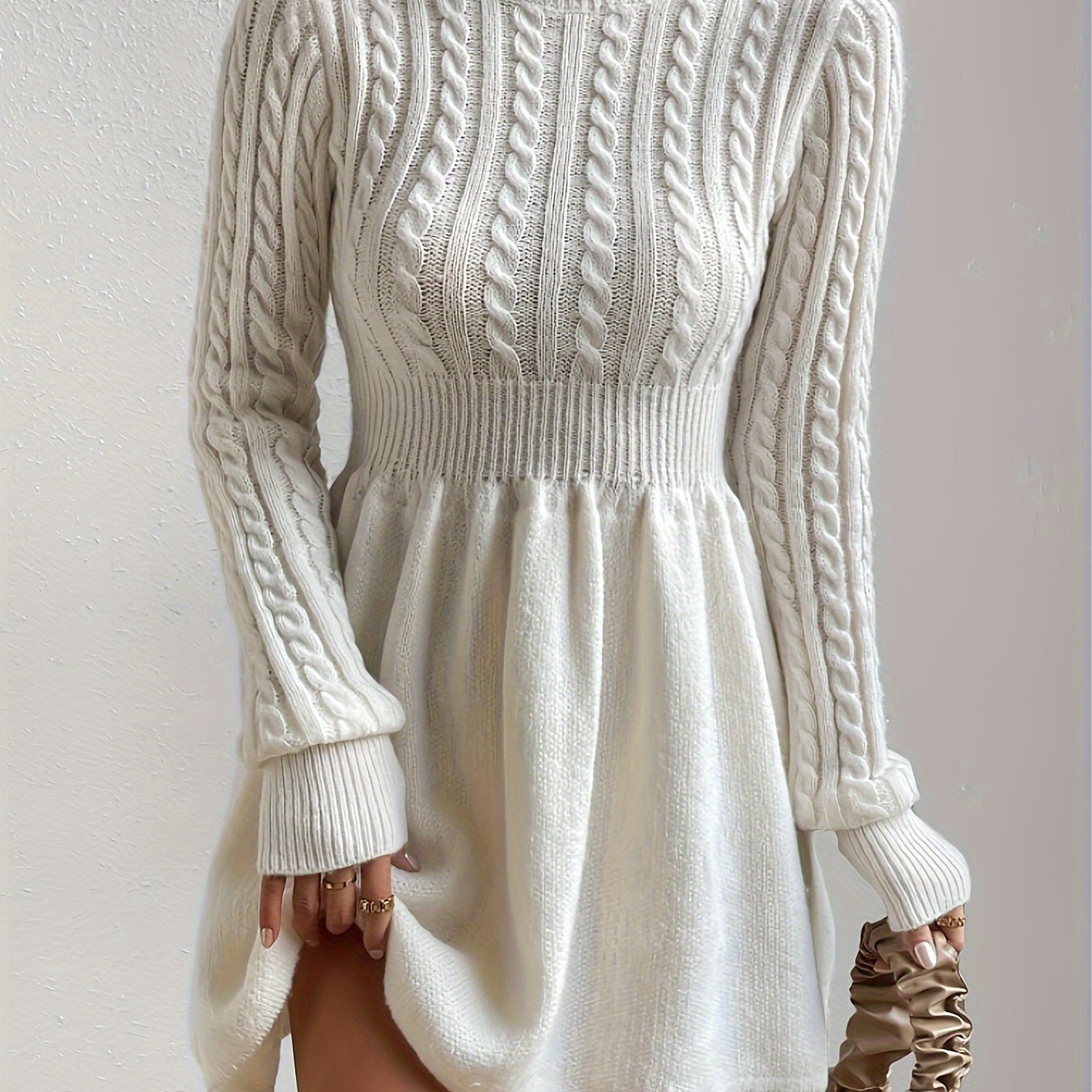 

Cable Knit Slim Knitted Dress, Elegant Long Sleeve Turtle Neck A-line Mini Dress For Fall & Winter, Women's Clothing