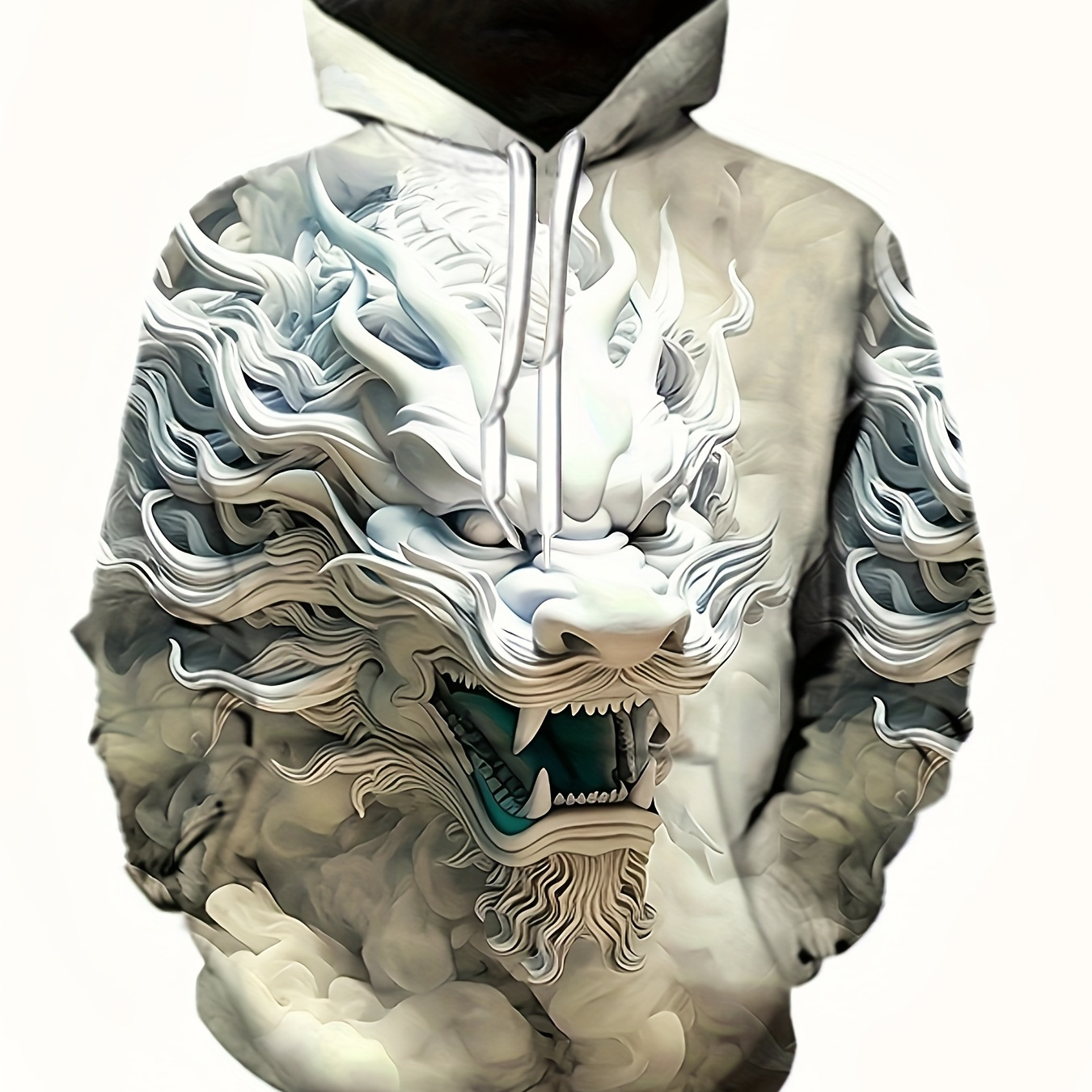 

Plus Size Men's Dragon Print Hooded Sweatshirt For Spring Fall