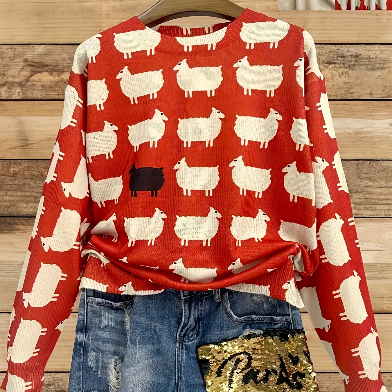 

Animal Pattern Long Sleeve Sweater, Casual Crew Neck Sweater For Spring & Fall, Women's Clothing