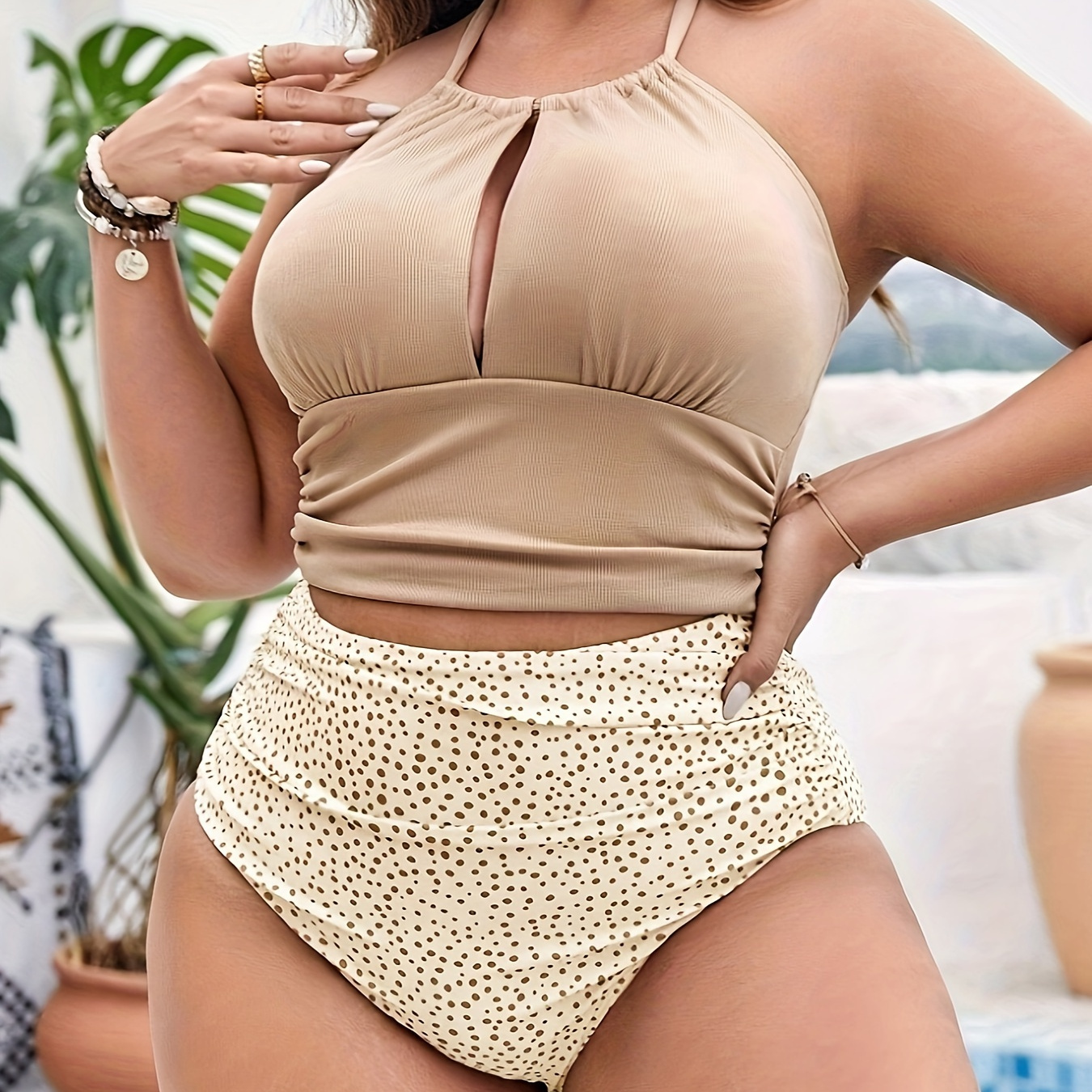 

Plus Size High-waisted Bikini Set, Halter Neck Top, Polka Dot Bottoms, Swimwear, Sexy Style, Beachwear, Pool Party Essential, Summer Fashion