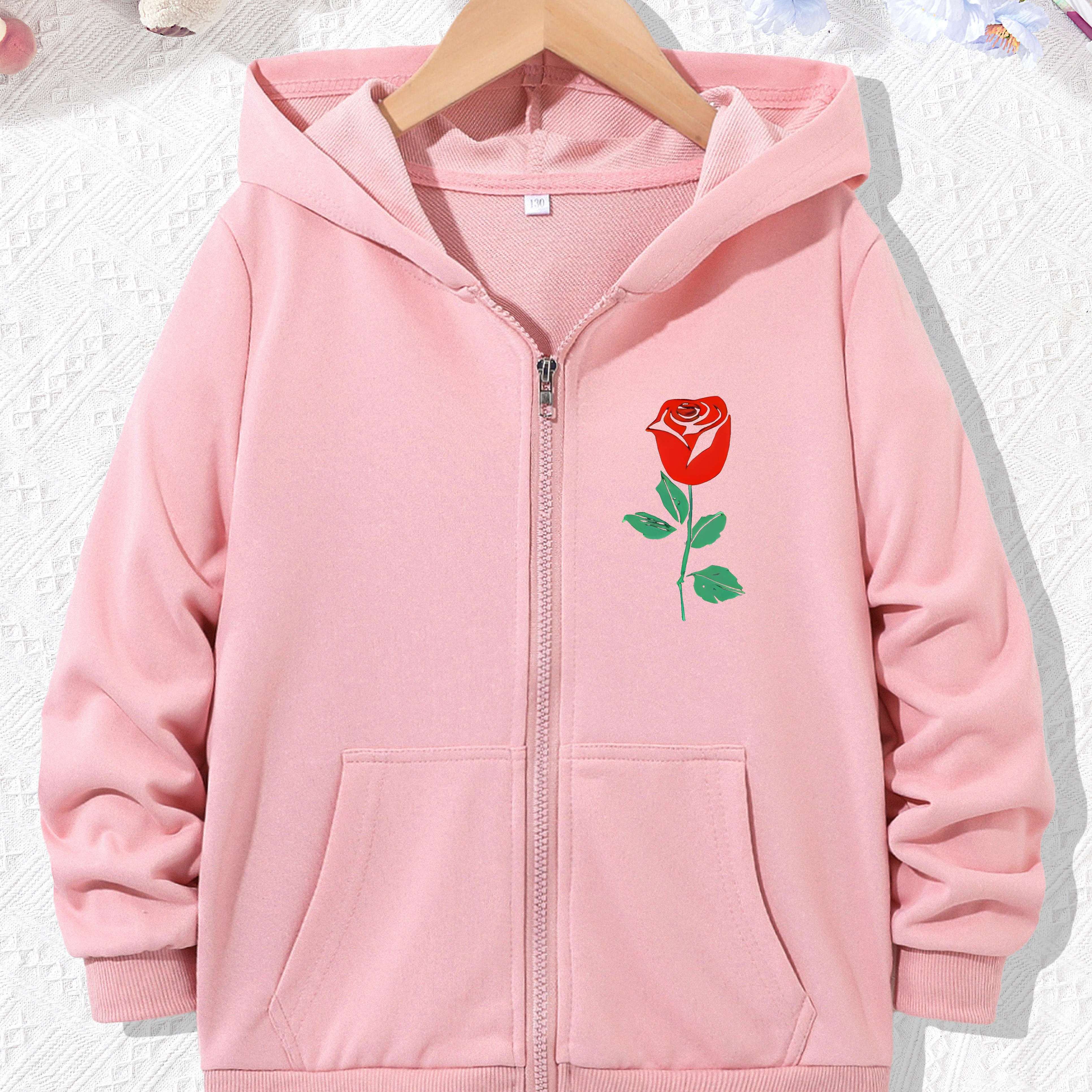 

Girls Boys Casual Zip Up Rose Flower Graphic Hoodie, Loose Comfy Casual Jacket Sweatshirt For Spring Fall