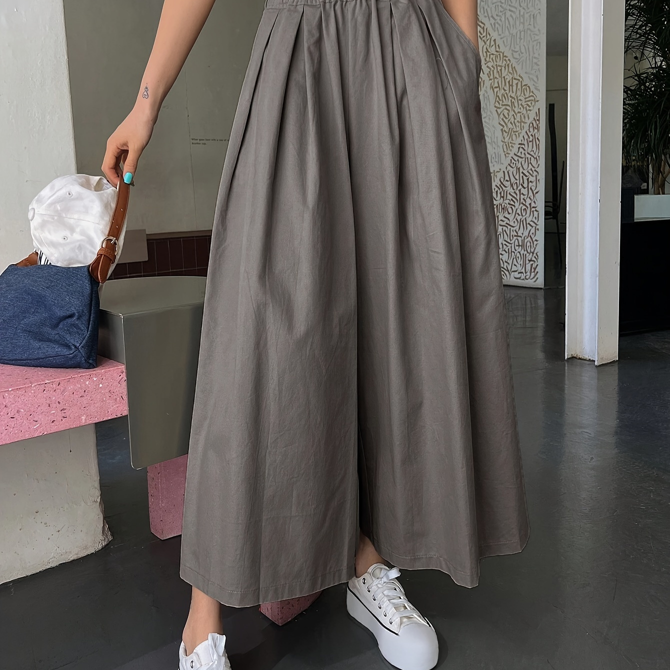 

Slant Pockets Wide Leg Pants, Casual Elastic Waist Loose Pants For Spring & Summer, Women's Clothing