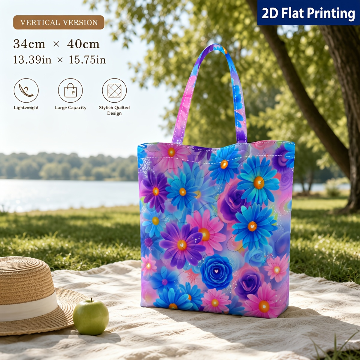 TEMU 1pc, Purple Floral Mandala 2d Flat Printing Pattern Genuine Quilted Printed Tote Bag, Fashionable Trendy Large Capacity Lightweight Handbag
