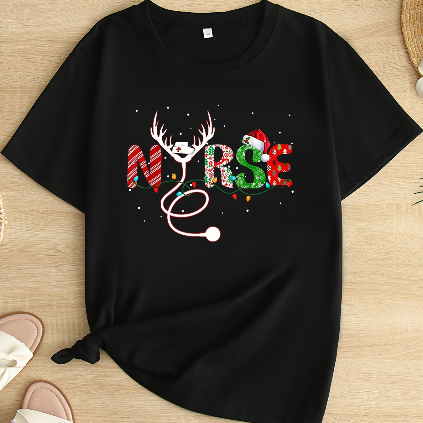 

1pc Women's Plus Size Christmas T-shirt, Casual Crew Neck Short Sleeve Top With Festive Deer Print, Polyester Knit Fabric With Slight Stretch, All Season Holiday Tee - 1-8xl