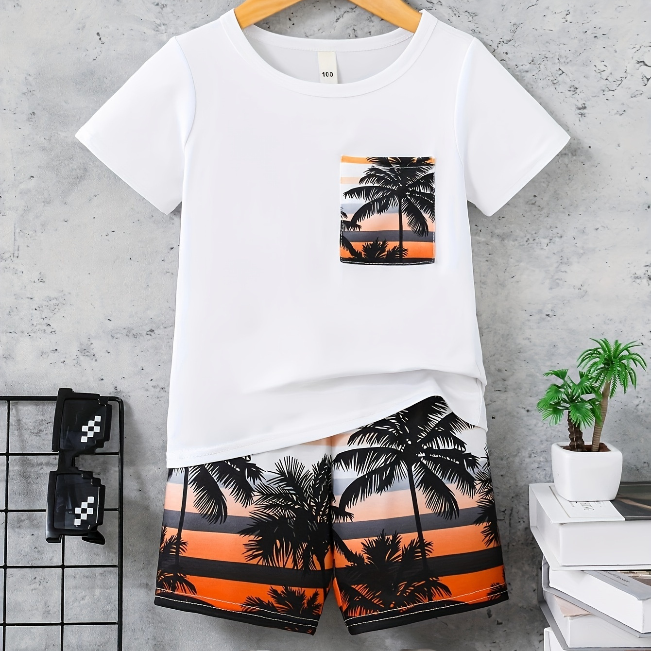 

Coconut Tree Print 2pcs Boy's Short-sleeve Outfit, Crew Neck T-shirt & Comfy Shorts Set, Boys Clothes For Summer