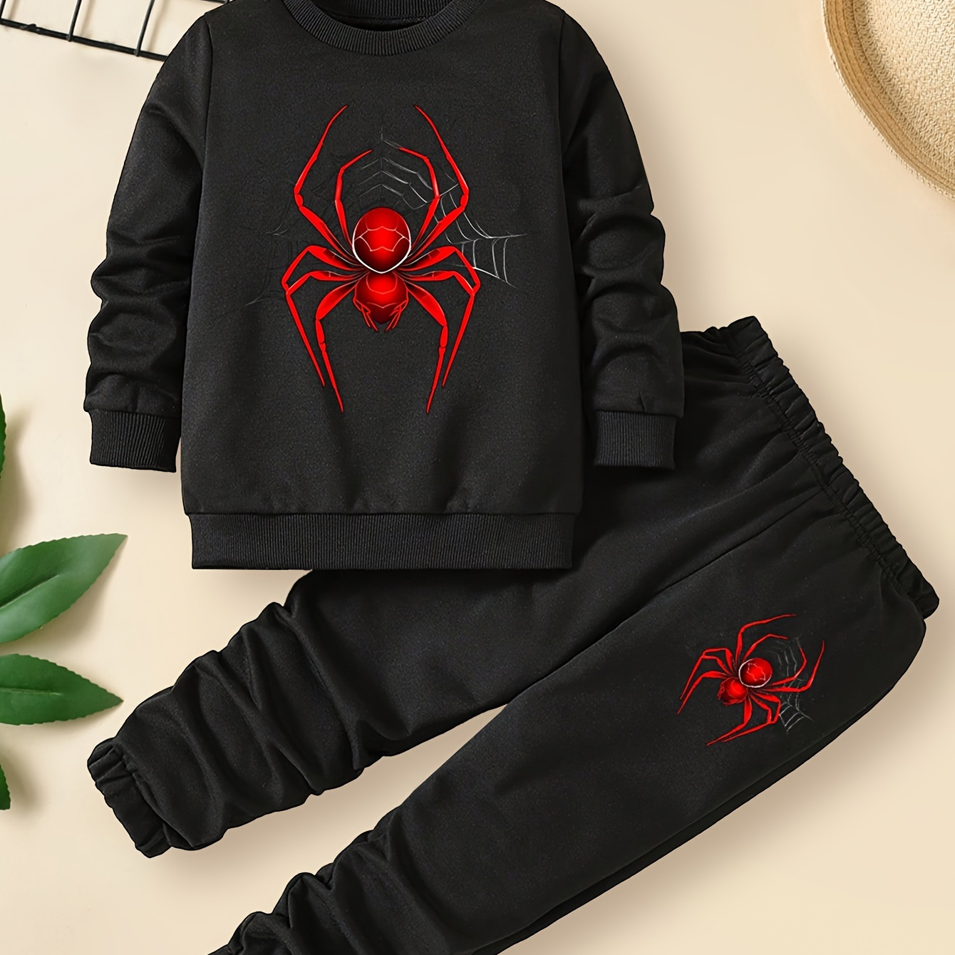 

2-piece Boys Casual Co Ord Set, Spider Print Long Sleeve Sweatshirt And Jogger Pants, Comfy Spring Fall Clothes