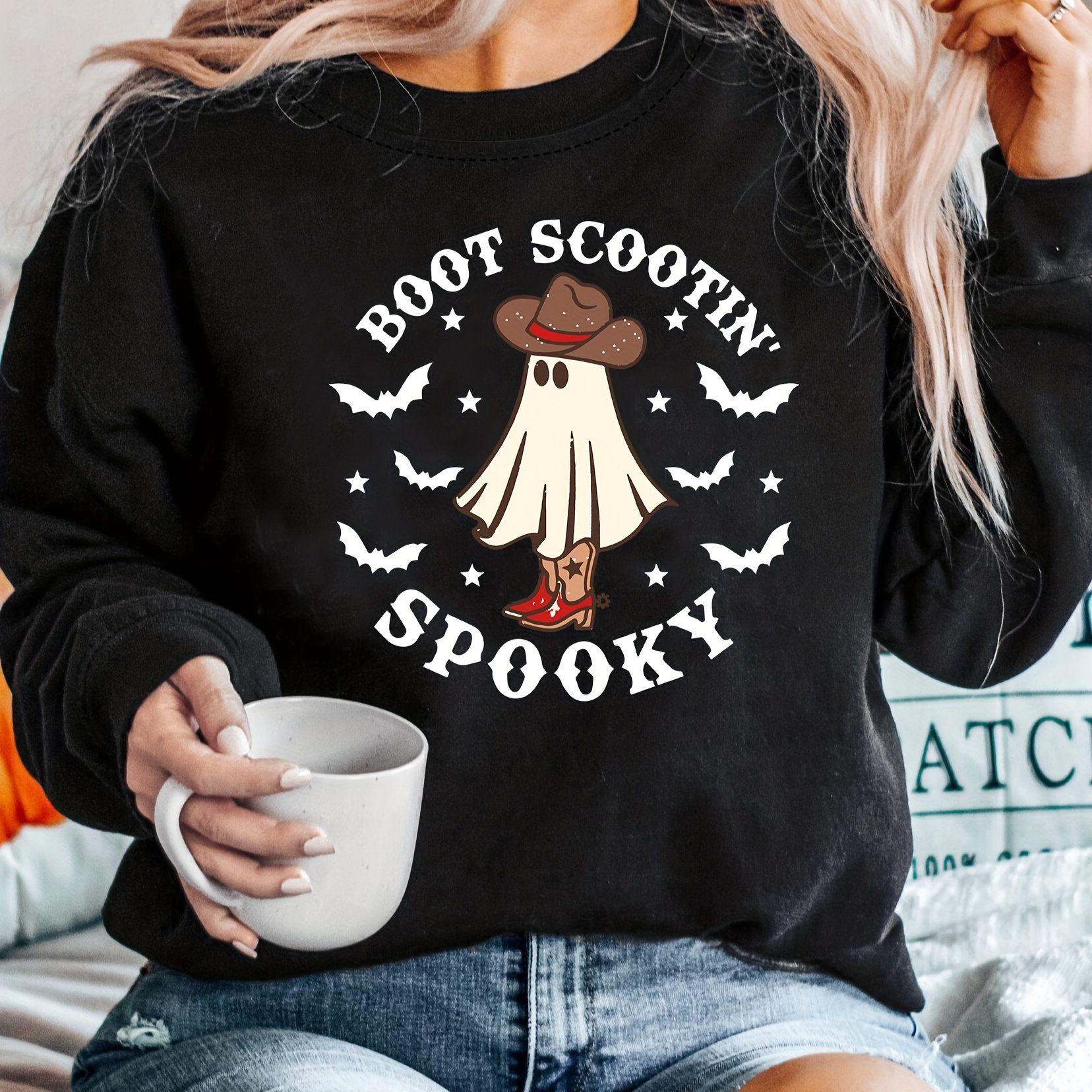 

Halloween Print Sweatshirt, Casual Long Sleeve Crew Neck Sweatshirt, Women's Clothing