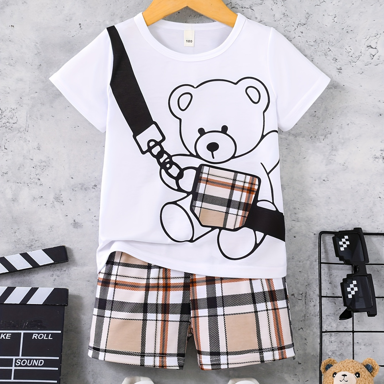 

2pcs Boys Casual Cute Bear Graphic Print Short Sleeve T-shirt & Plaid Shorts Set, Comfy Summer Boys Clothes