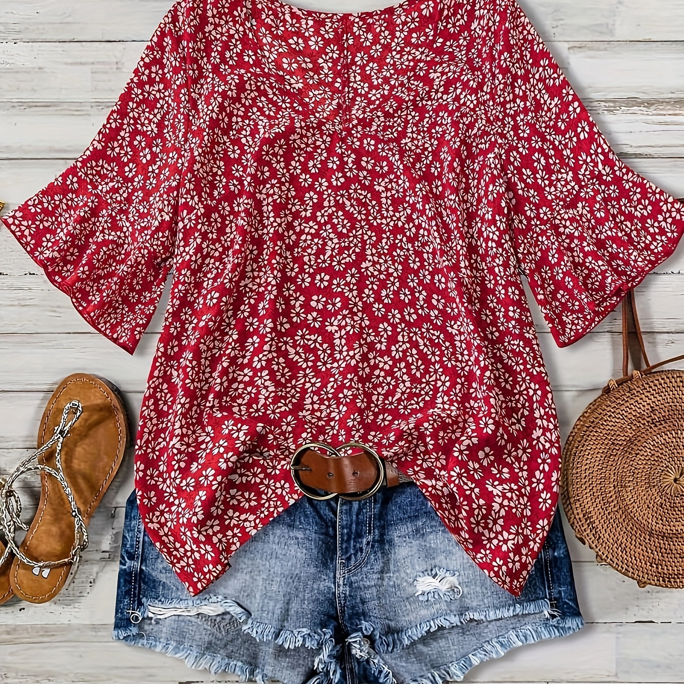 

Plus Size Floral Print Blouse, Elegant V Neck Top For Spring & Summer, Women's Plus Size Clothing