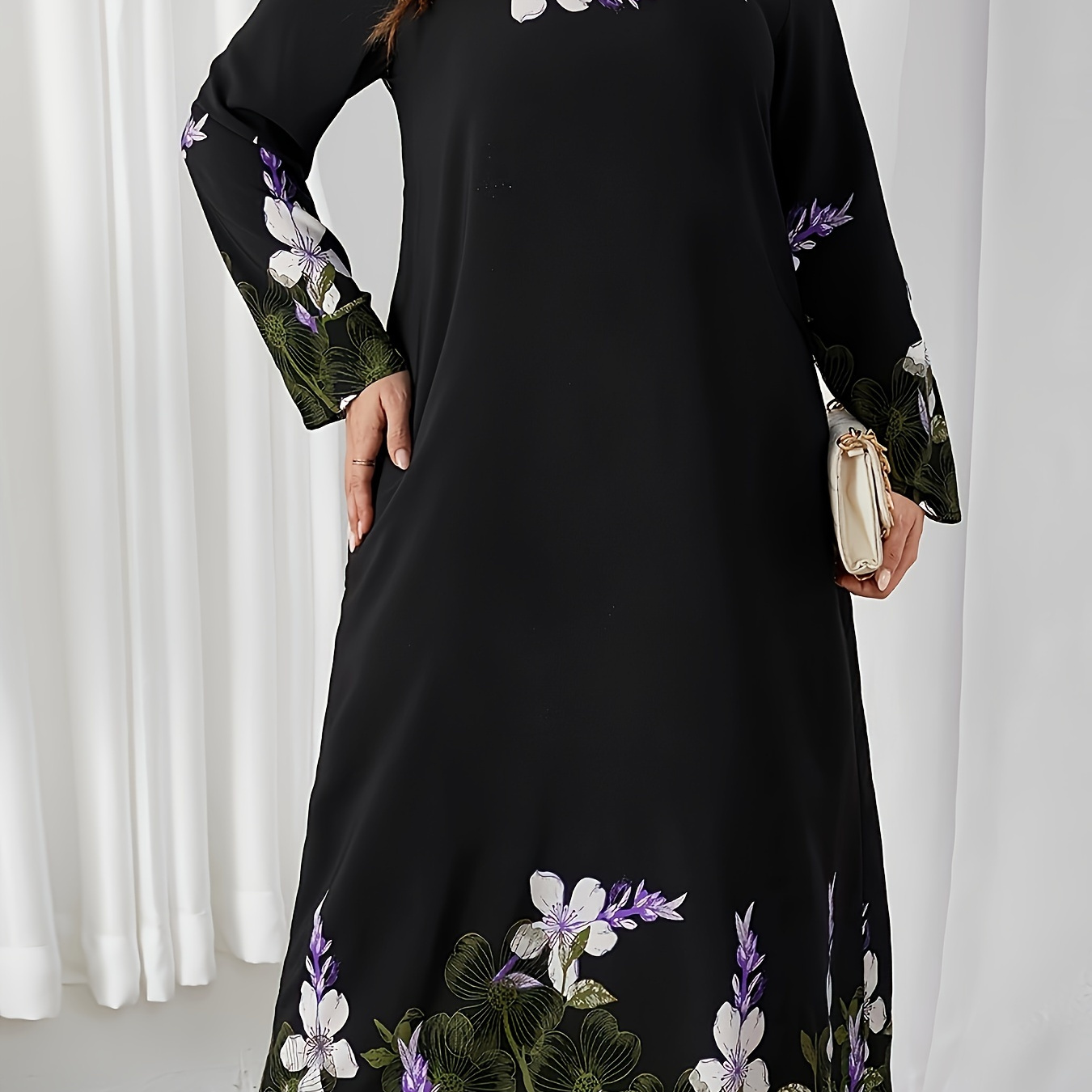 

Plus Size Floral Print Longline Dress, Elegant Long Sleeve Crew Neck Dress For Spring & Fall, Women's Plus Size Clothing