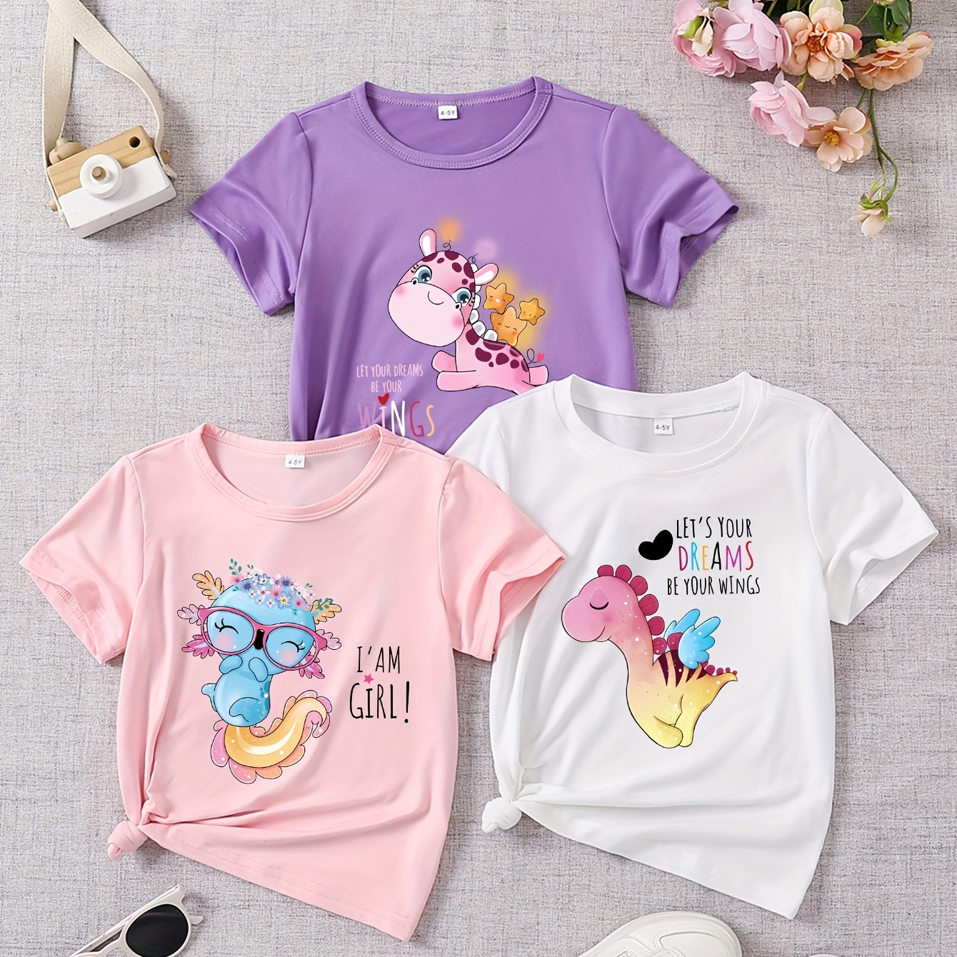 

3-pack Girls' Summer Crew Neck Short Sleeve T-shirts With Cartoon Giraffe, Axolotl And Dinosaur Graphic Print, Girls' Casual & Comfy Tees