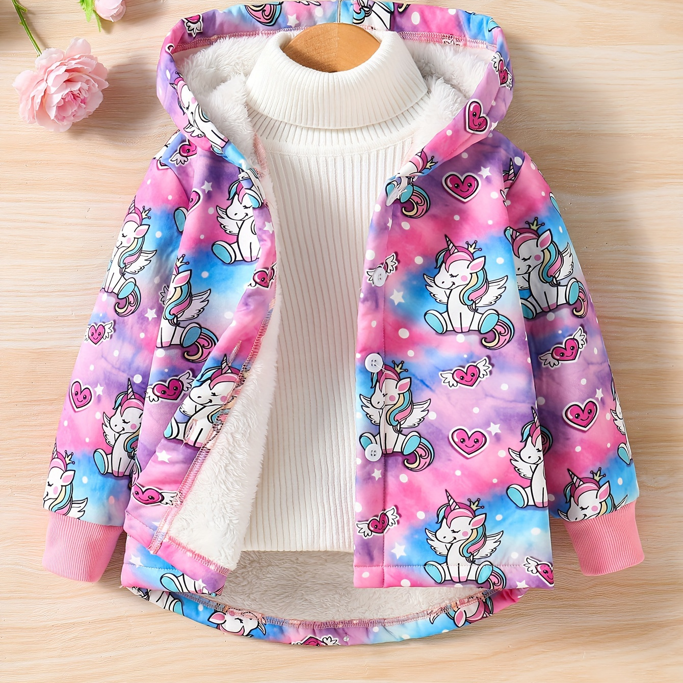 

Unicorn Print Winter Girls Hooded Cartoon Pattern Button Hoodie Jacket With Polar Fleece Lining, For Party Going Out
