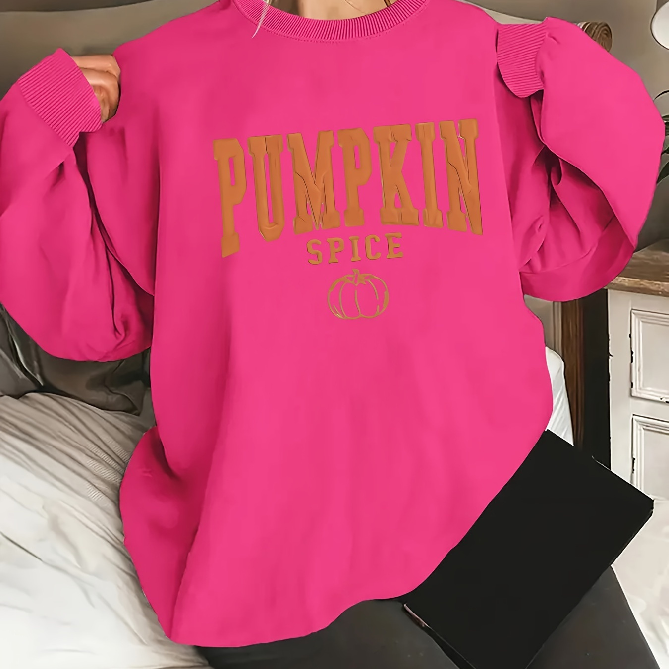 

Plus Size Pumpkin Letter Print Sweatshirt, Casual Long Sleeve Crew Neck Pullover Sweatshirt, Women's Plus Size clothing