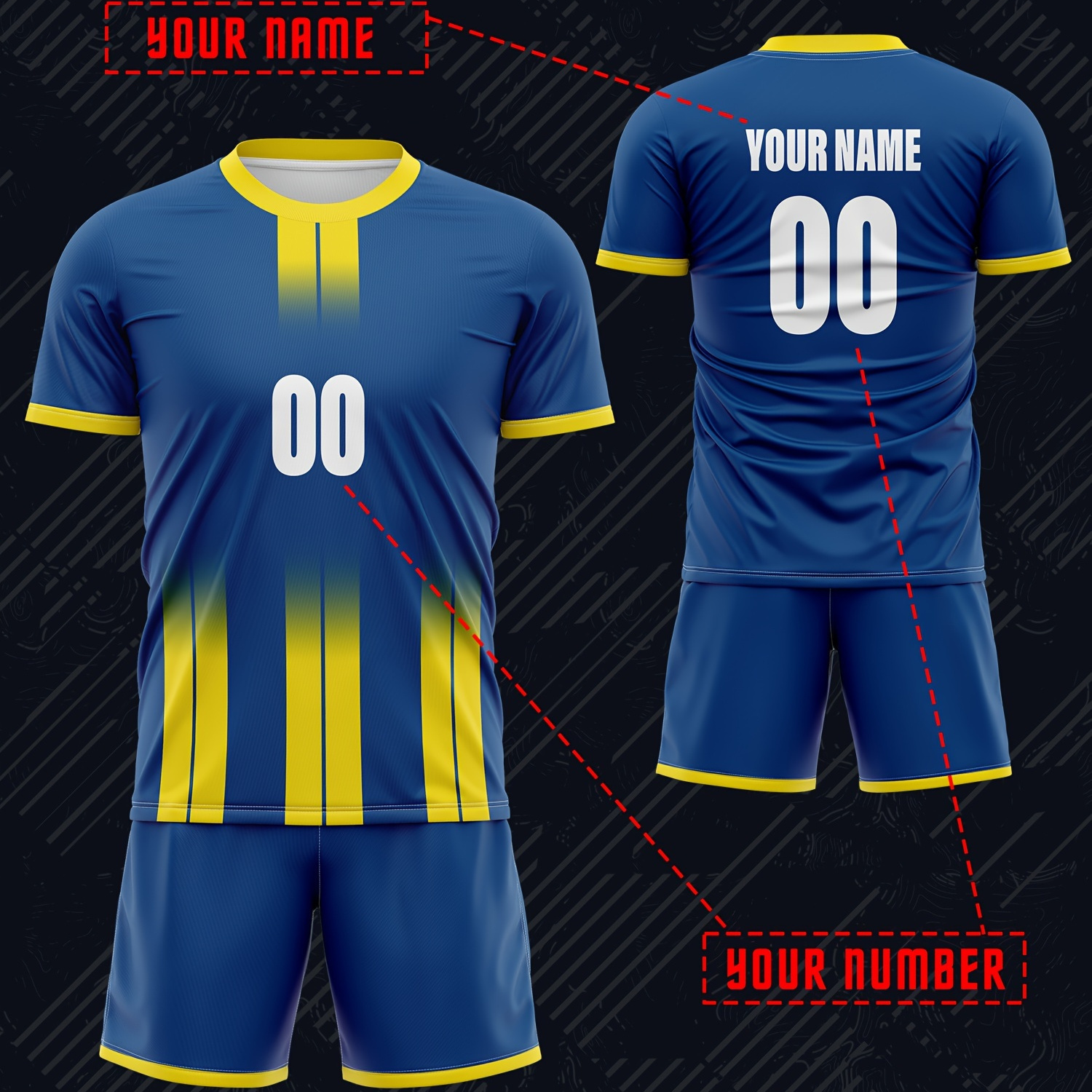 

2pcs Customized Name & Number Boys Football Jersey Short-sleeved Top & Shorts Blue & Yellow Co-ord Set, Stripes Sliced Print, Comfortable Fit, Perfect Sports Leisure Outdoor Clothing