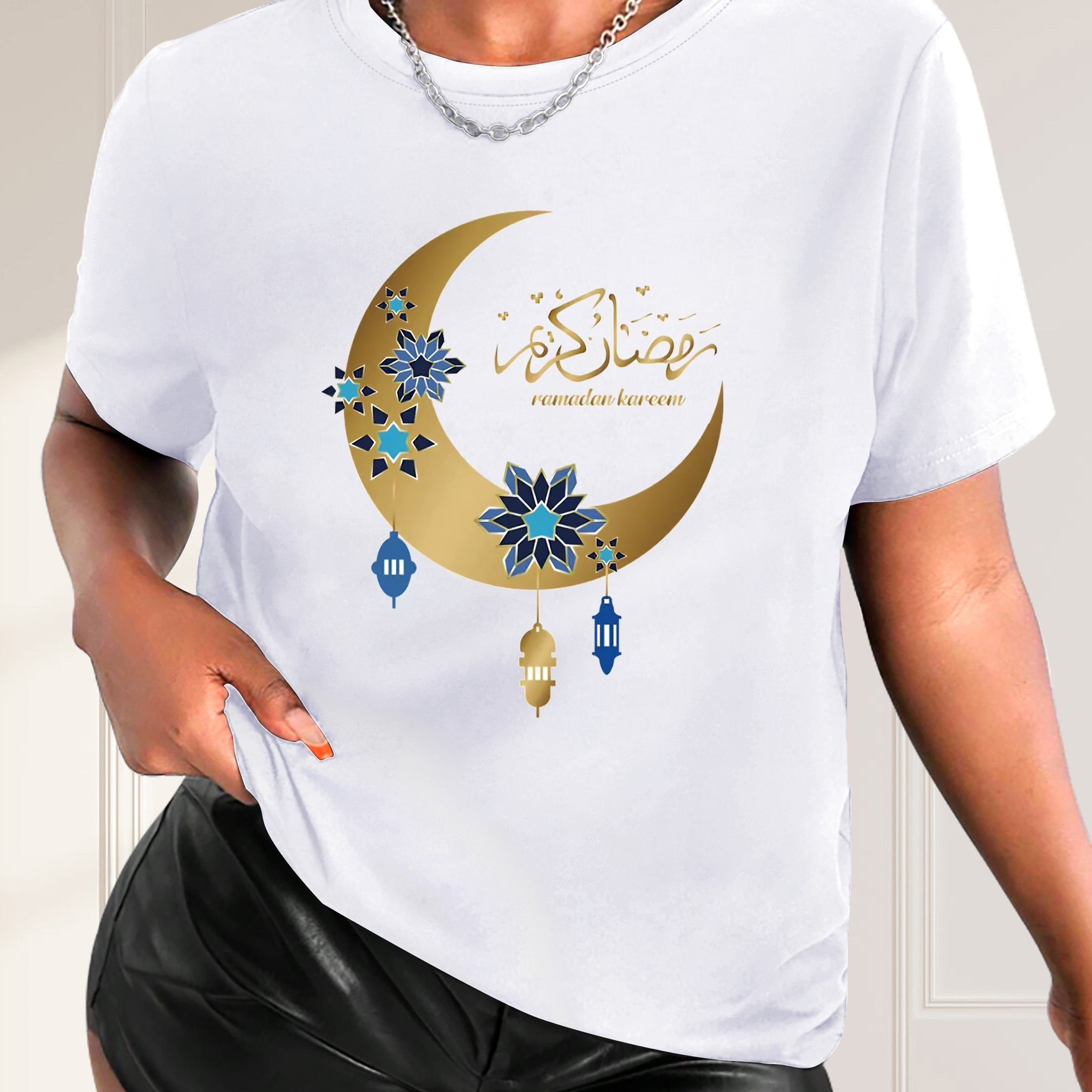 

Moon & Floral Print Casual T-shirt, Round Neck Short Sleeves Versatile Sports Tee, Ramadan Women's Tops