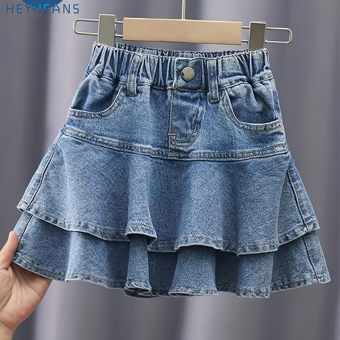 

Girls' Cotton Denim Ruffle Skirt, Summer 2024 New Arrival, Cute Style, Elastic Waistband With Button Detail, Tiered Design, Youth Fashion, Casual Wear
