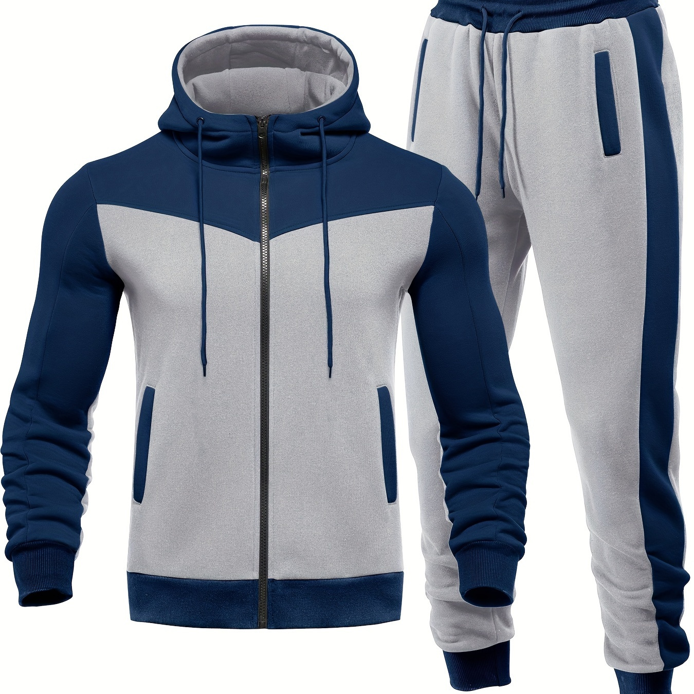 

Men's Casual Sportswear Hoodie Set, Two-piece With Color Block Design, Zip-up Drawstring Jogging Suit For All Seasons