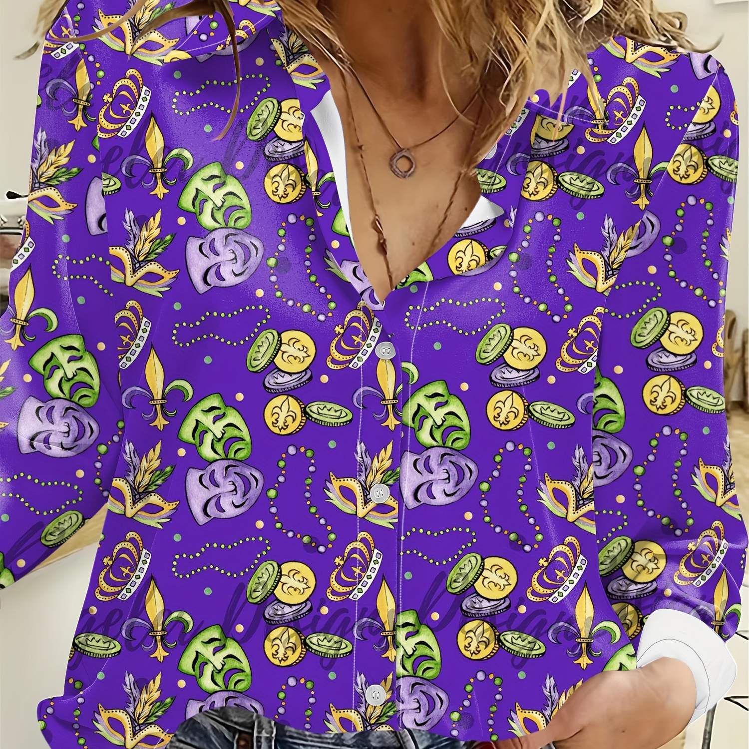 

Mardi Gras Print Button Front Shirt, Casual Long Sleeve Lapel Collar Shirt For Spring & Fall, Women's Clothing