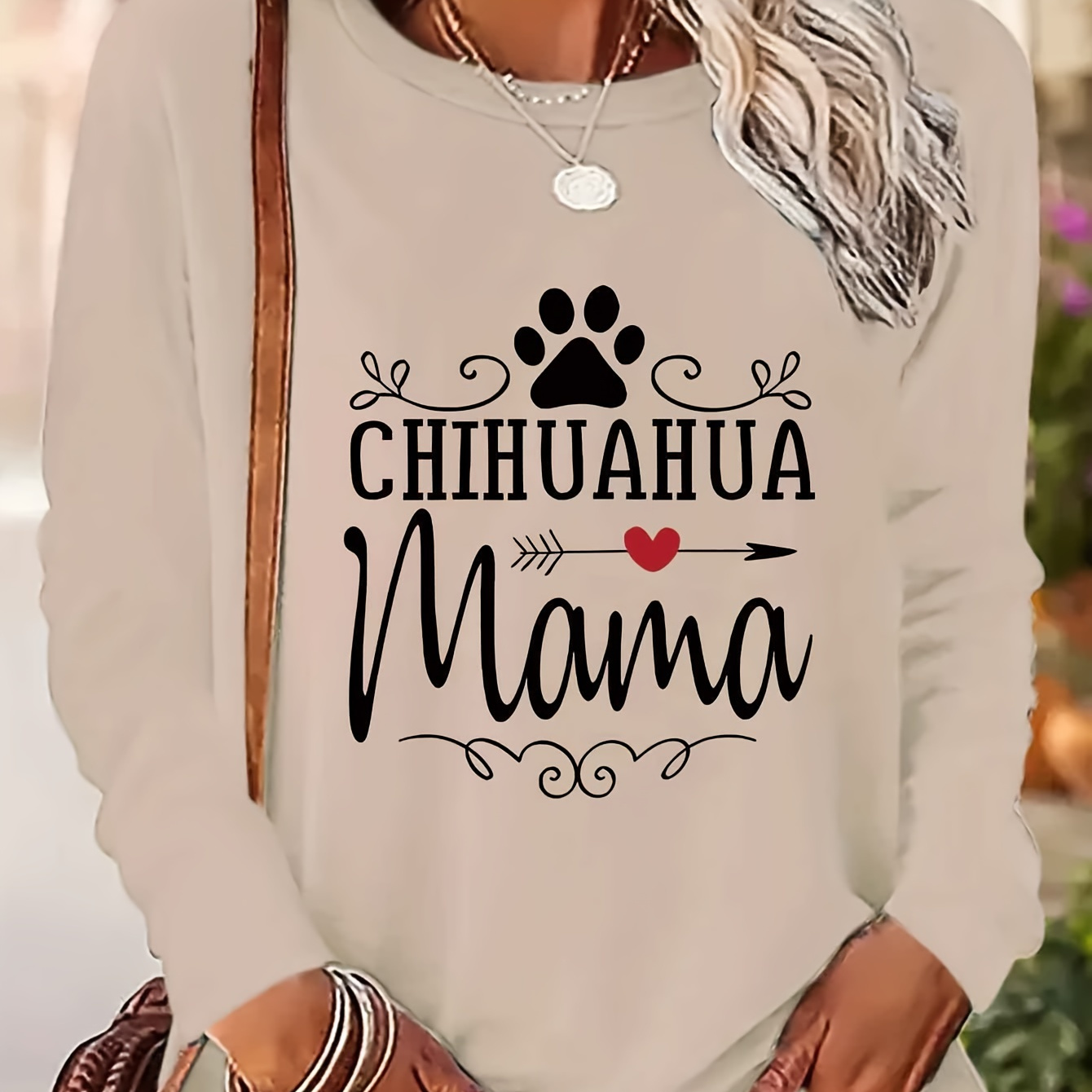 

Chihuahua Love Heart & Paw Print Long Sleeve T-shirt - Casual Crew Neck, Soft Polyester, Machine Washable - Women'