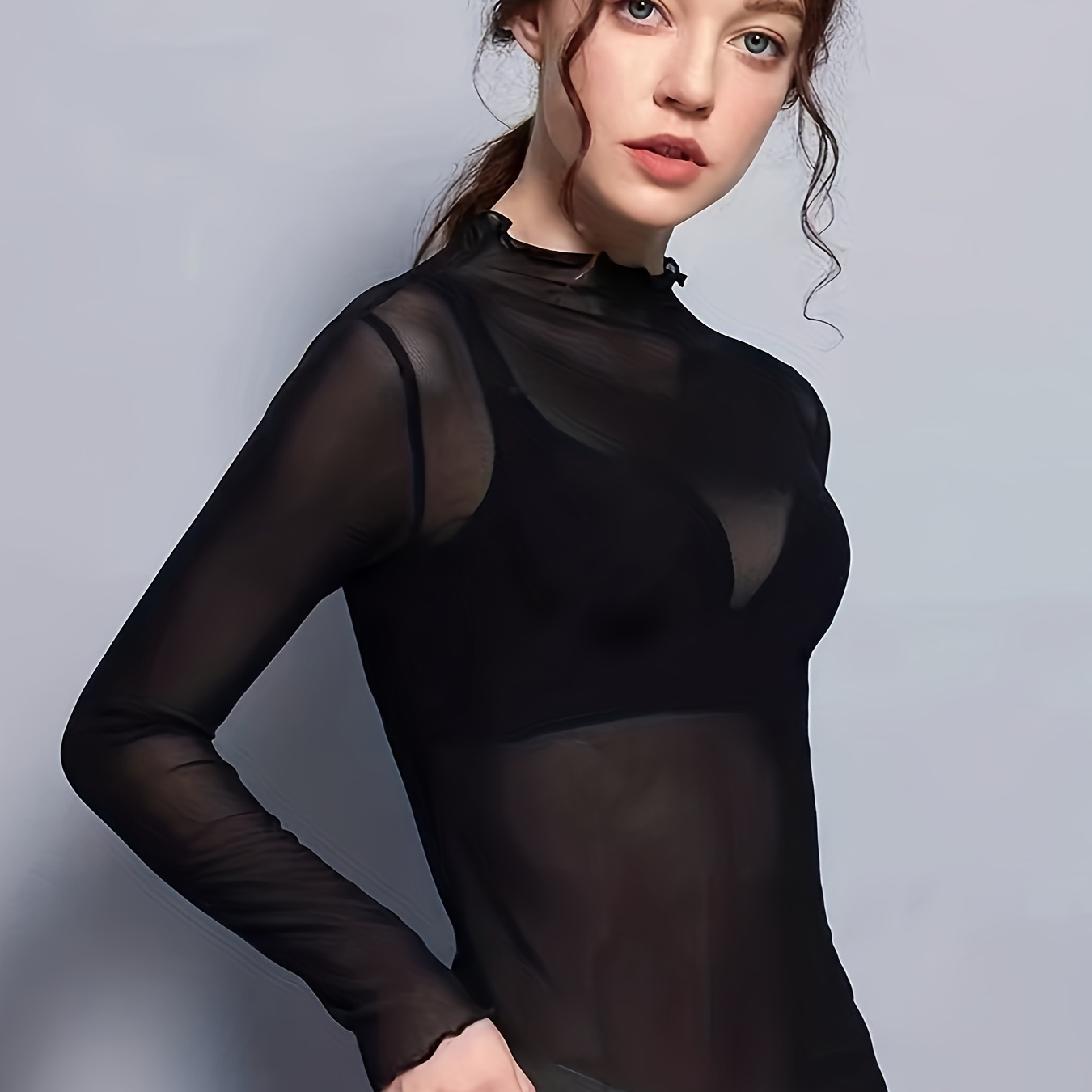 

Lettuce Trim Mock Neck Mesh Top, Sexy Long Sleeve Sheer Slim Top For , Women's Clothing