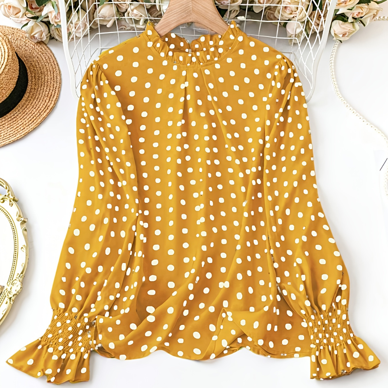 

1pc Women's Plus Size Casual Polka Dot Neck Top With Shirred , 100% Polyester Woven Fabric, Non-stretch Weekend Casual Tops For Spring/summer