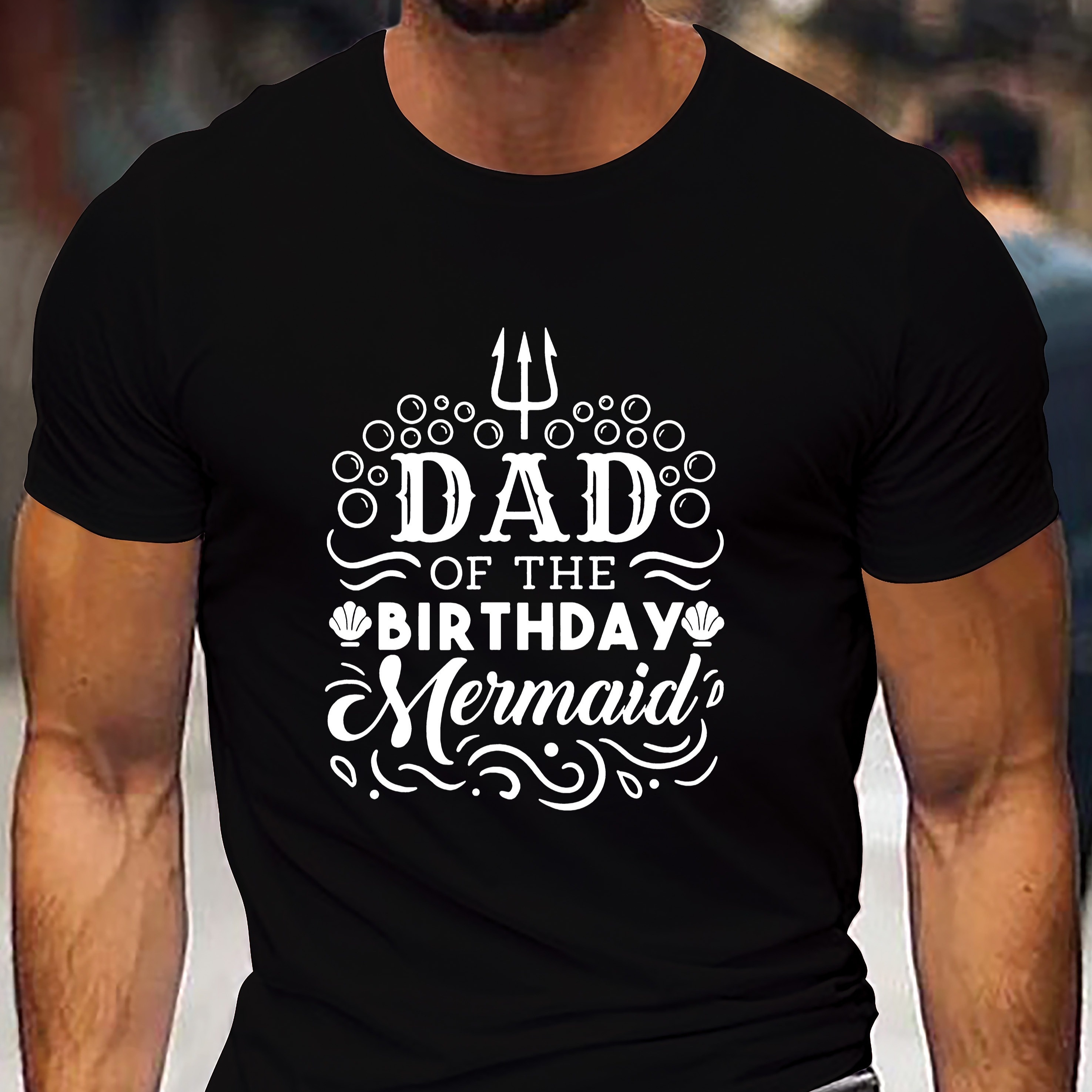 

Dad Of The Birthday Mermaid Print Men's Creative Summer Top, Casual Short Sleeve Crew Neck T-shirt, Men's Versatile Comfy Clothing For Daily Wear