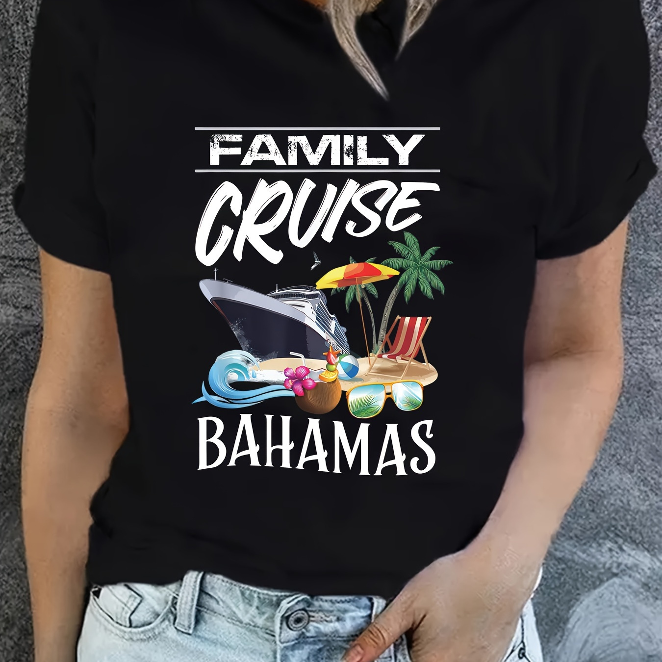 

Family Cruise Print T-shirt, Casual Crew Neck Short Sleeve Top For Spring & Summer, Women's Clothing