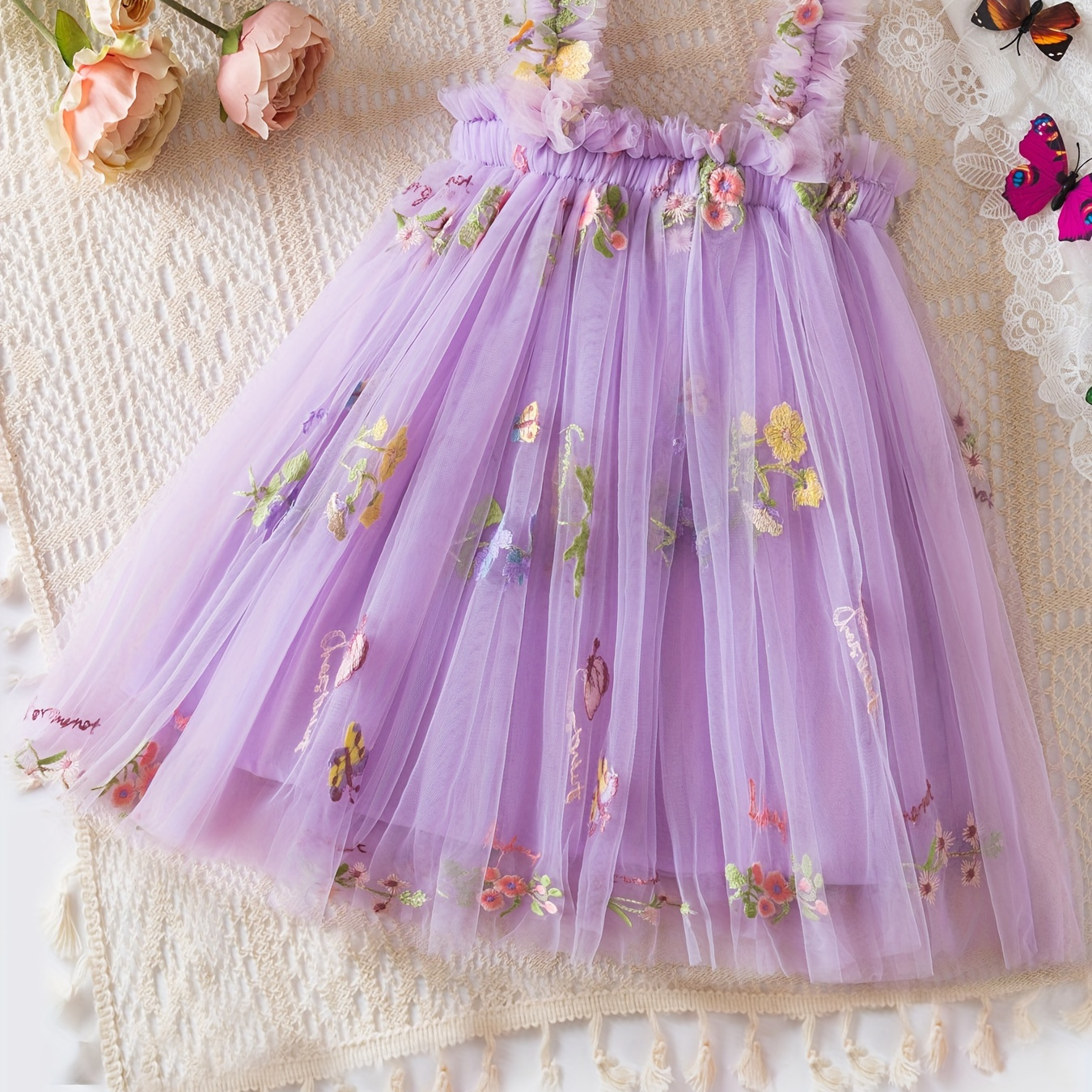

Baby's Elegant Flower Embroidered Mesh Dress, Lovely Sleeveless Mesh Dress, Infant & Toddler Girl's Clothing For Summer Birthday Party, As Gift