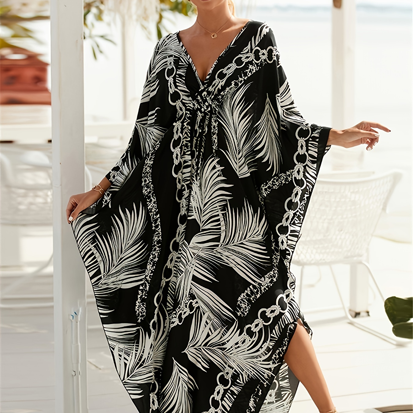 Plus Size Casual Cover Up Dress, Women's Plus Chain Print Bat Sleeve V Neck Slight Stretch Cover Up Dress