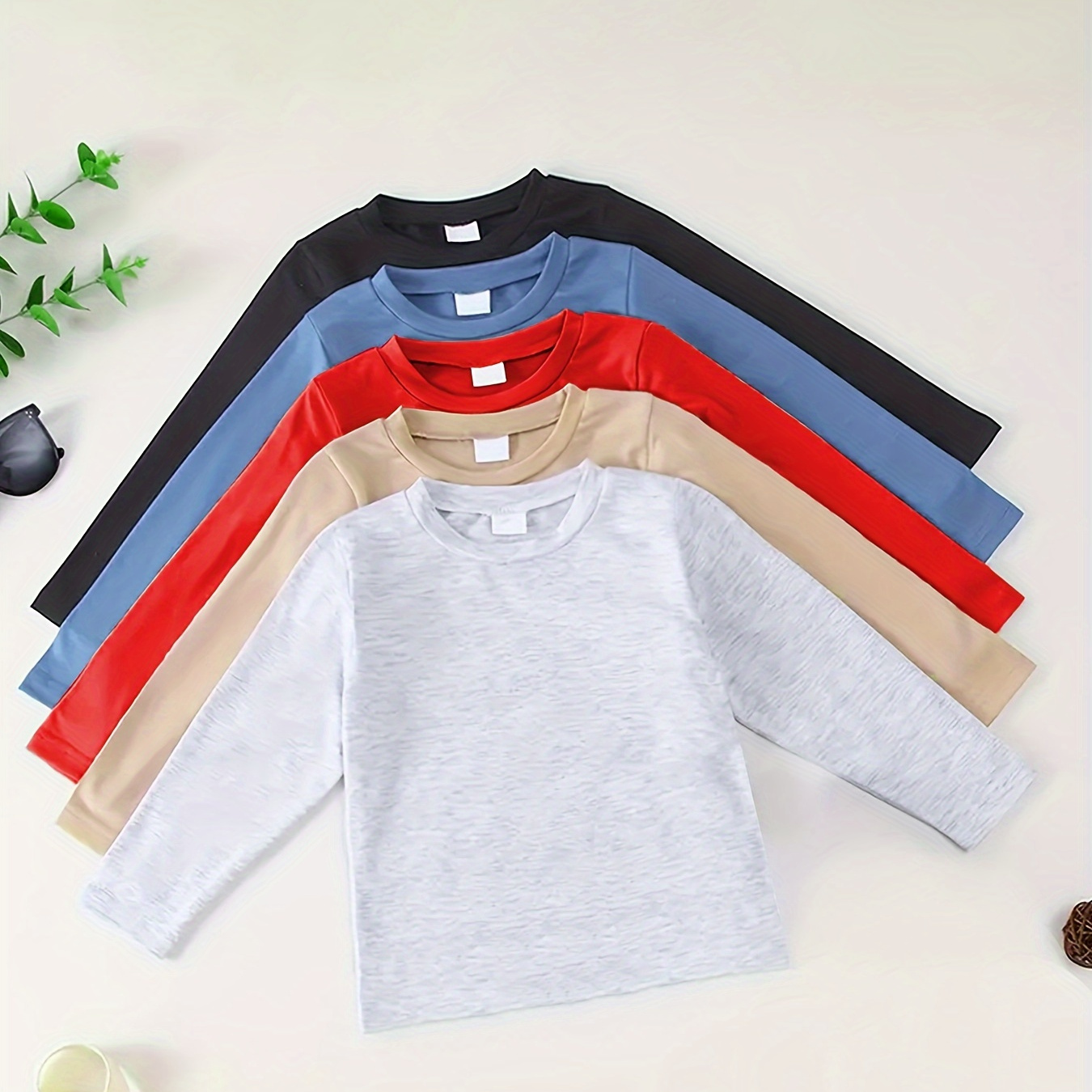 

5pcs Boys' Long Sleeve T-shirts - Solid Color, Stretchy & Comfortable For Fall/winter Casual Wear