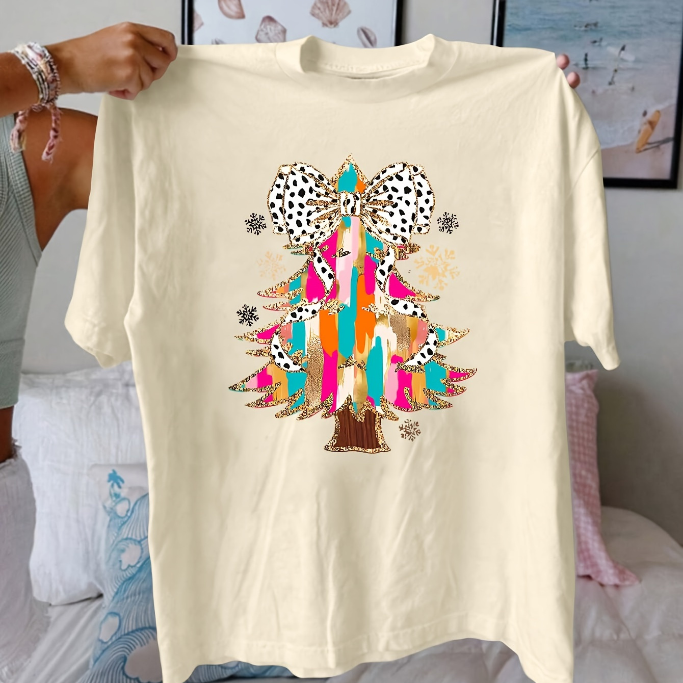 

Women' Christmas Tree T-shirt - Casual Crew Neck, Short Sleeve Top For , Breathable Polyester