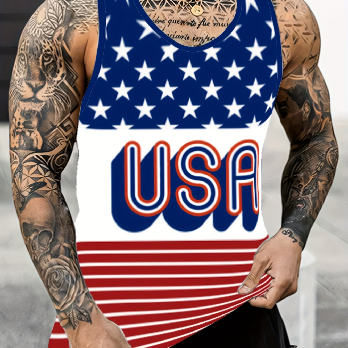 

Men's Trendy Crew Neck Graphic Tank Top With Fancy Print, Street Style For Summer Wear