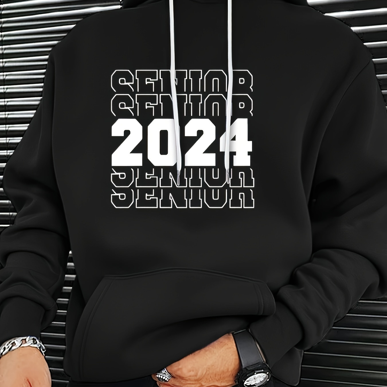 

Senior 2024 Print Hoodie For Men, Warm Trendy Hooded Long Sleeve Top, Men's Clothing