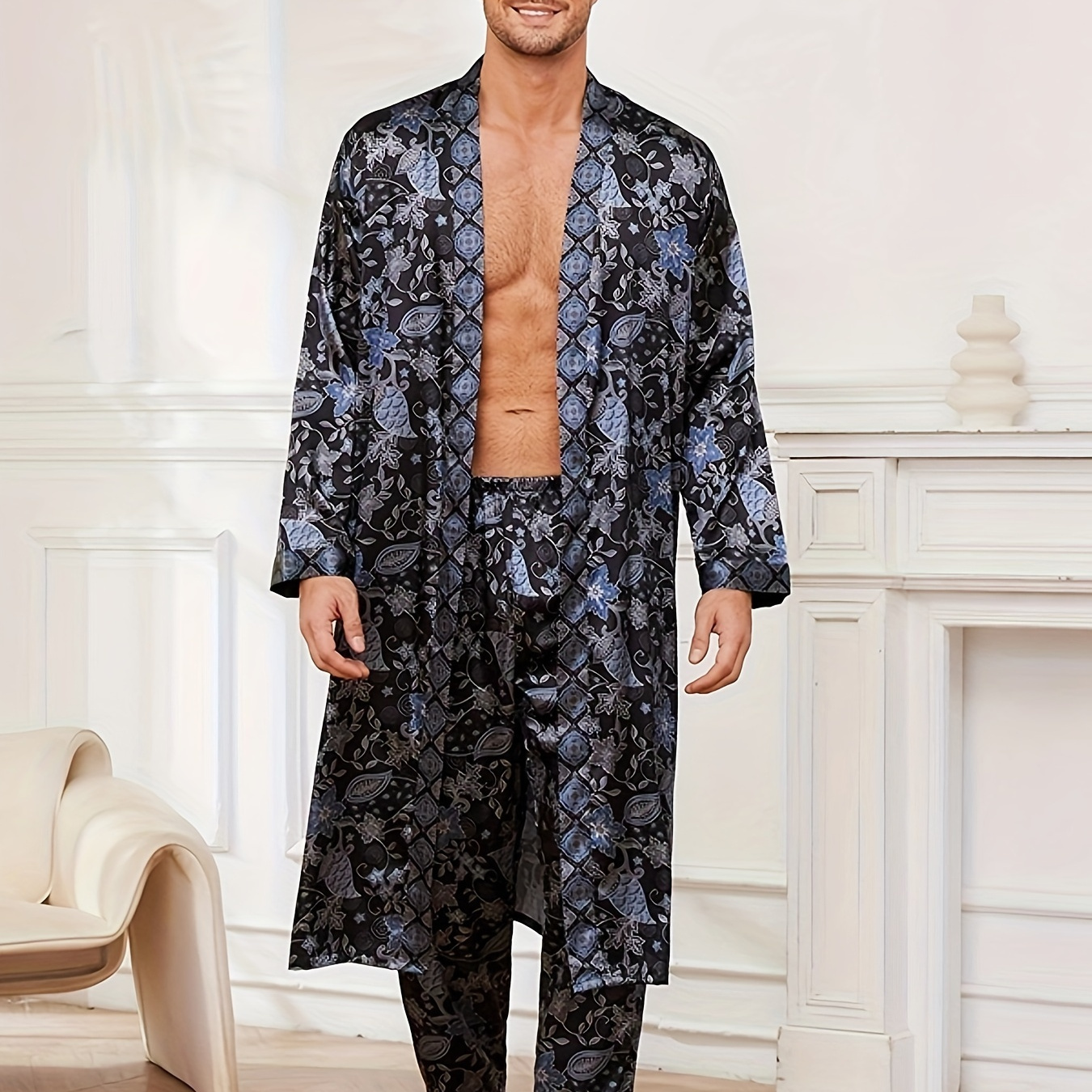 

Super-stylish ' Floral Pattern Robe Set With Long Sleeves & Belt, Must-have Nightgowns /summer/fall