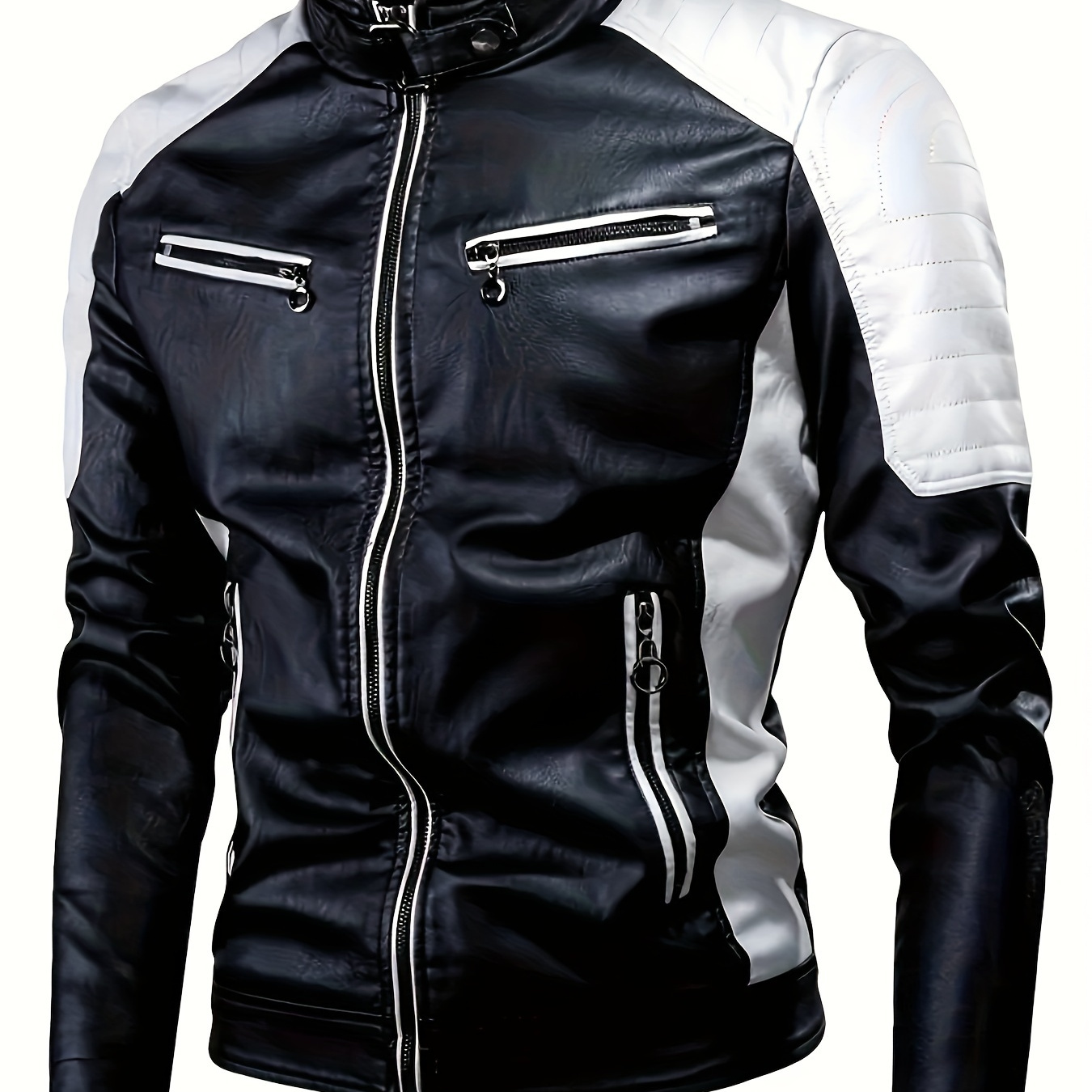 

Men's Color Matching Pu Leather Jacket With Multi Zipper Pockets, Casual Breathable Stand Collar Zip Up Long Sleeve Jacket For Outdoor