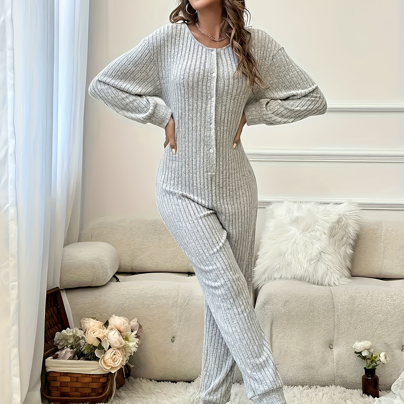 

Simple Solid Pajama Jumpsuit, Long Sleeve Crew Neck Buttons Pajamas, Women's Lingerie & Sleepwear