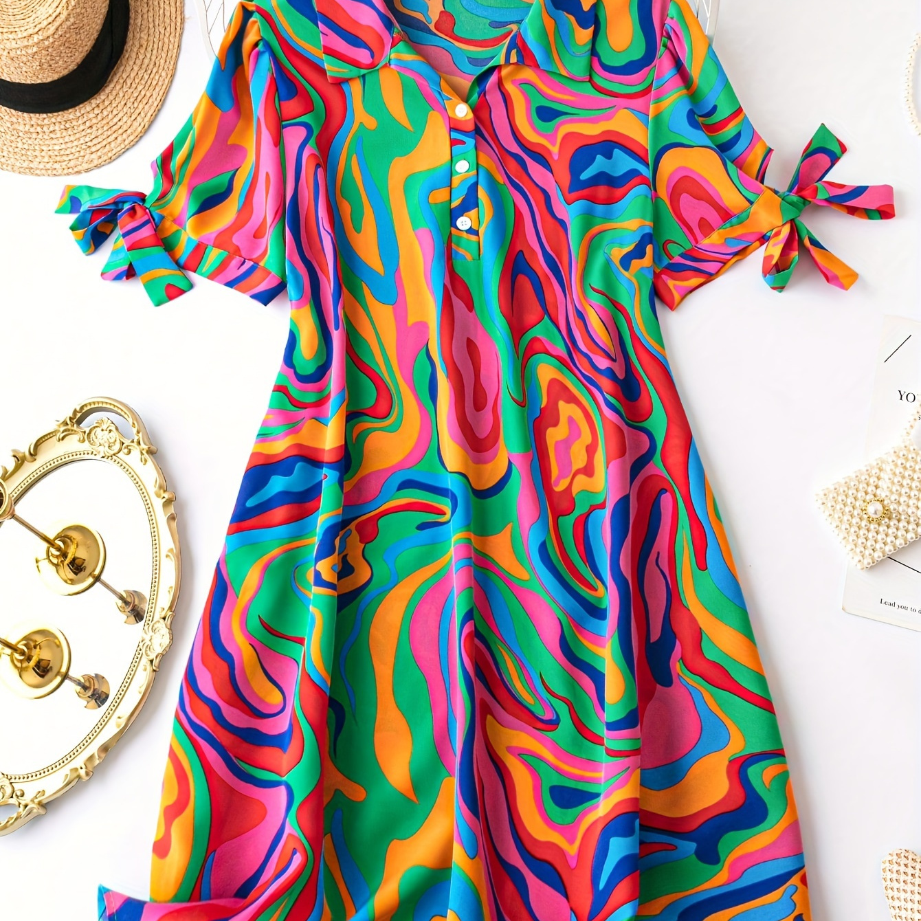 

Abstract Print V Neck Dress, Casual Short Sleeve Knotted Cuff Dress For Spring & Summer, Women's Clothing