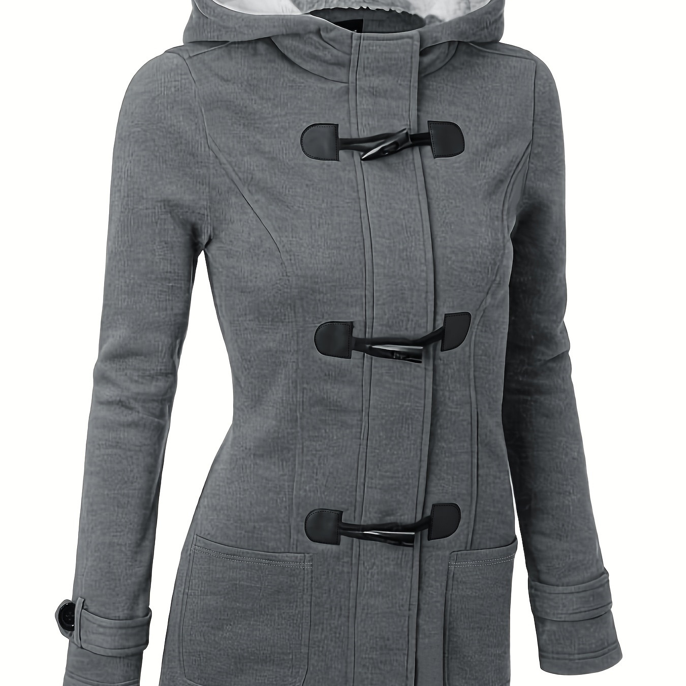 

Buckle Front Warm Hooded Coat, Casual Long Sleeve Solid Outerwear With Pockets, Women's Clothing