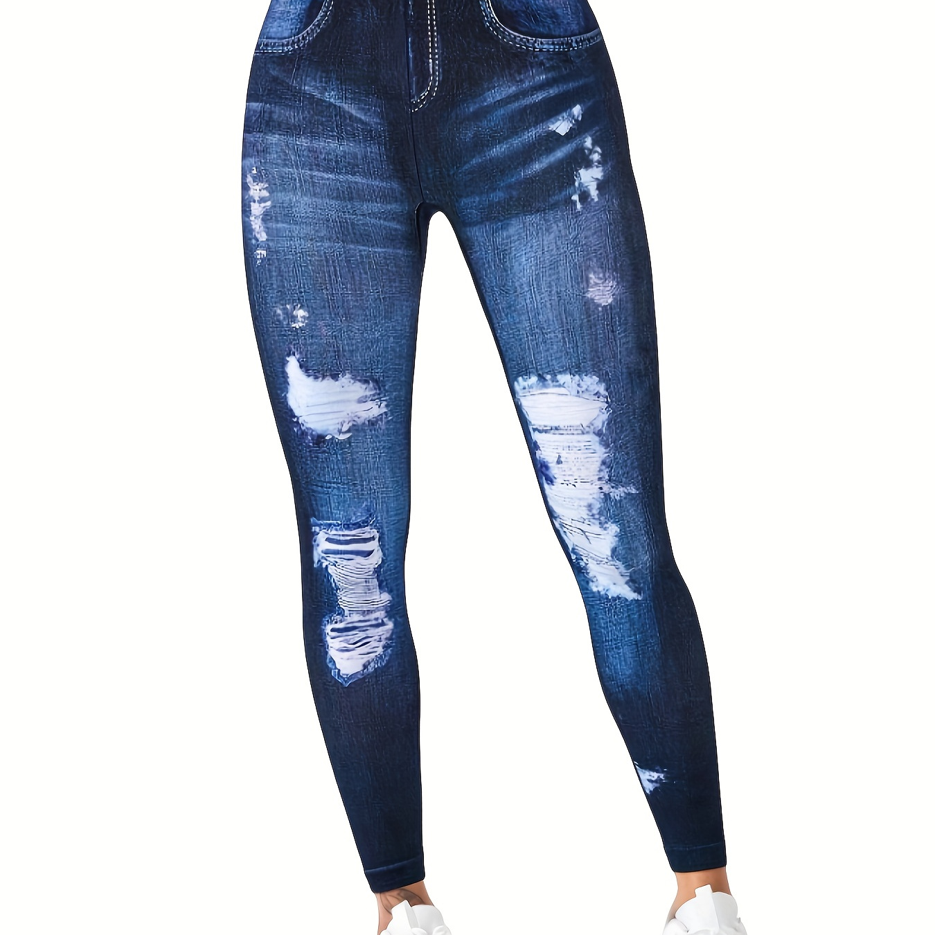 

Imitation Denim Print High Waist Leggings, Casual Skinny Stretchy Leggings For Every Day, Women's Clothing