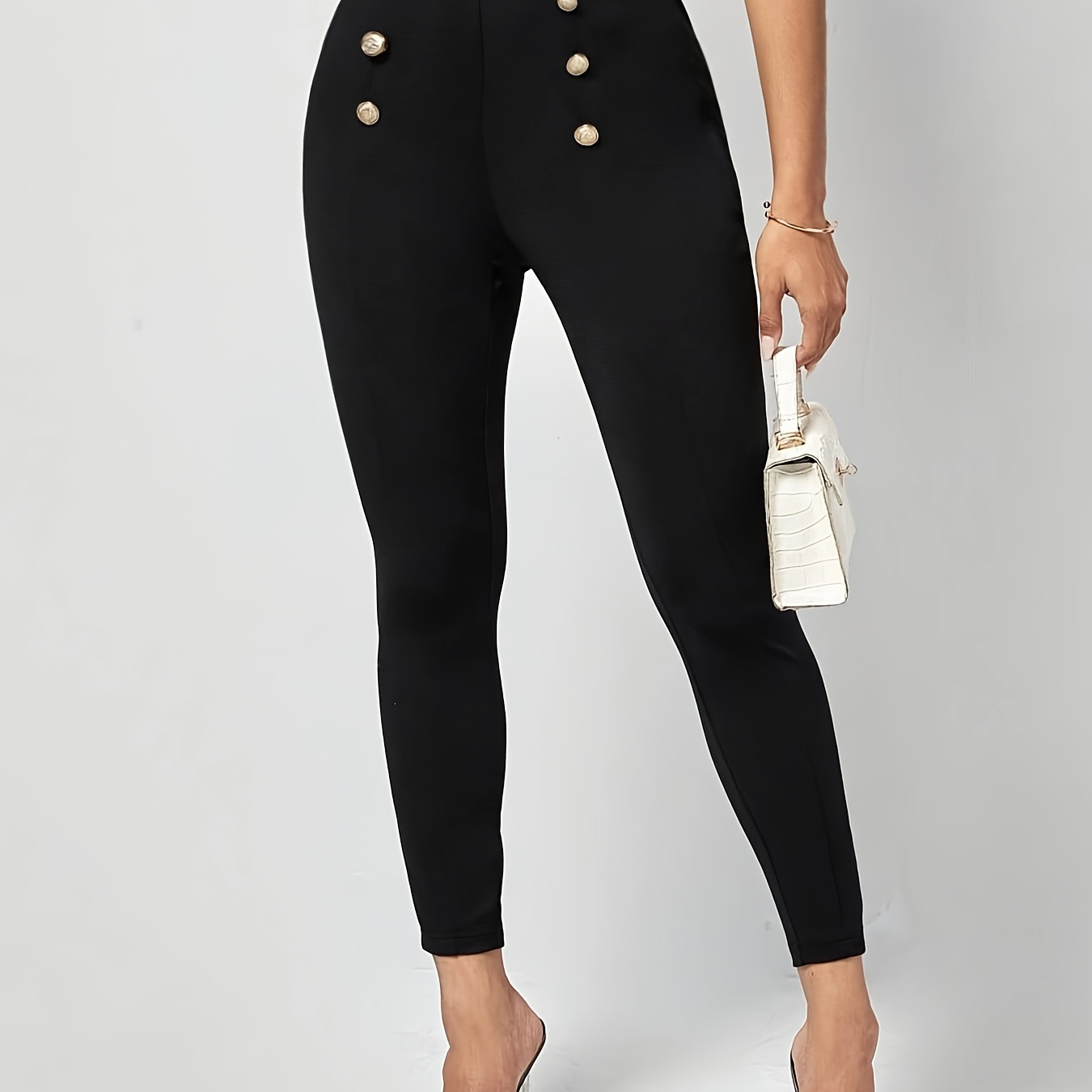 

Leggings en à taille haute avec boutons, mélange de polyester et de spandex, couleur unie décontractée, coupe extensible, pour adultes, pantalons toutes