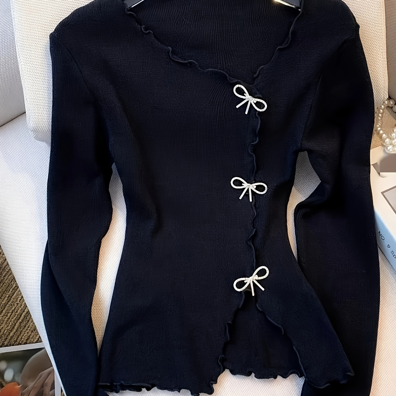 

Top Tricoté Chic avec Nœud Asymétrique pour Femme - Pull Léger, Couleur Unie, Col Rond, Collection Printemps/Automne