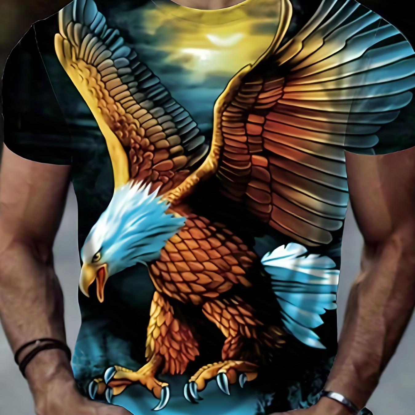 

Plus Size Men's Street Style Graphic Short-sleeve Crew Neck Top, Creative Cool Bald Eagle 3d Print Tees For Summer Sports & Leisure Time