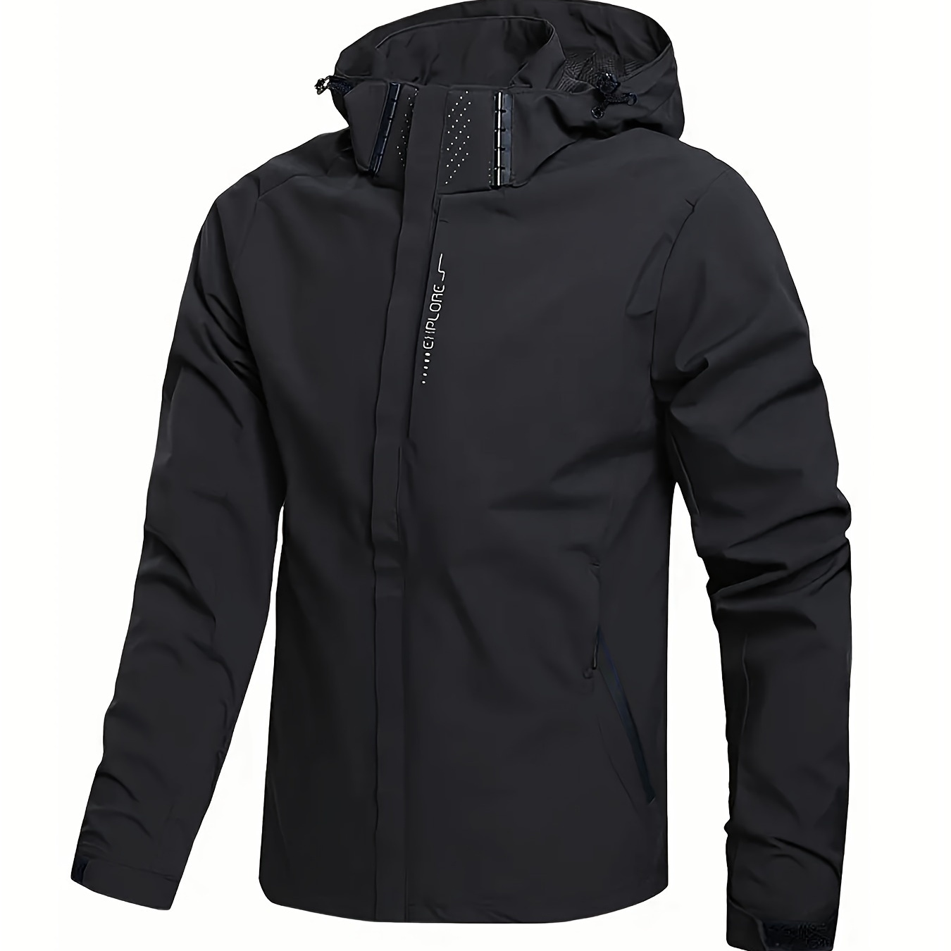 Solid Lightweight Men's Outdoor Windbreaker, Men's Long Sleeve Zip Up Hooded Jacket With Zipper Pockets For Sports, Hiking Cycling Mountaineering