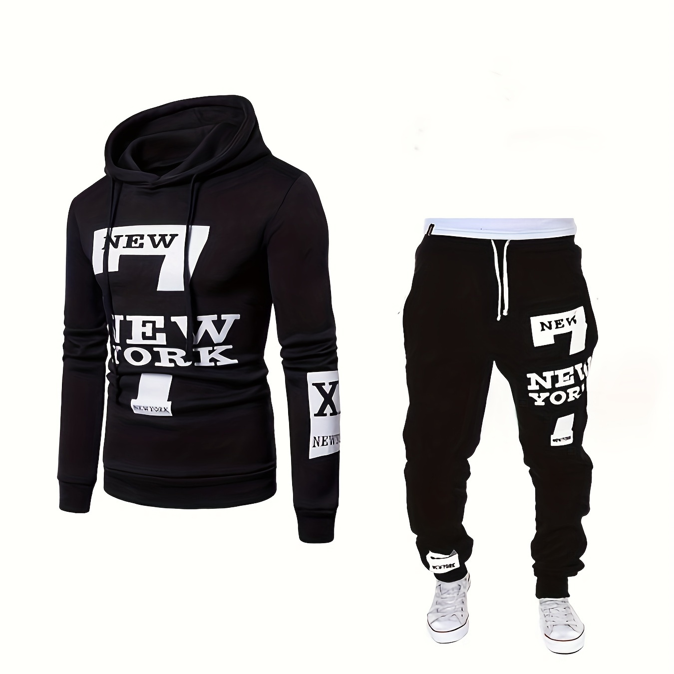 

Men's Casual 2-piece Outfit, Letter & Number Print Hooded Sweatshirt & Drawstring Pants Set